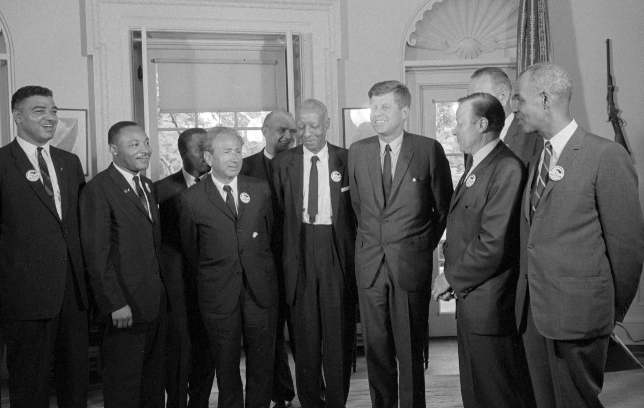Civil rights leaders meet with President John F Kennedy (1917 - 1963) (fourth right) in the Oval Office of the White House...