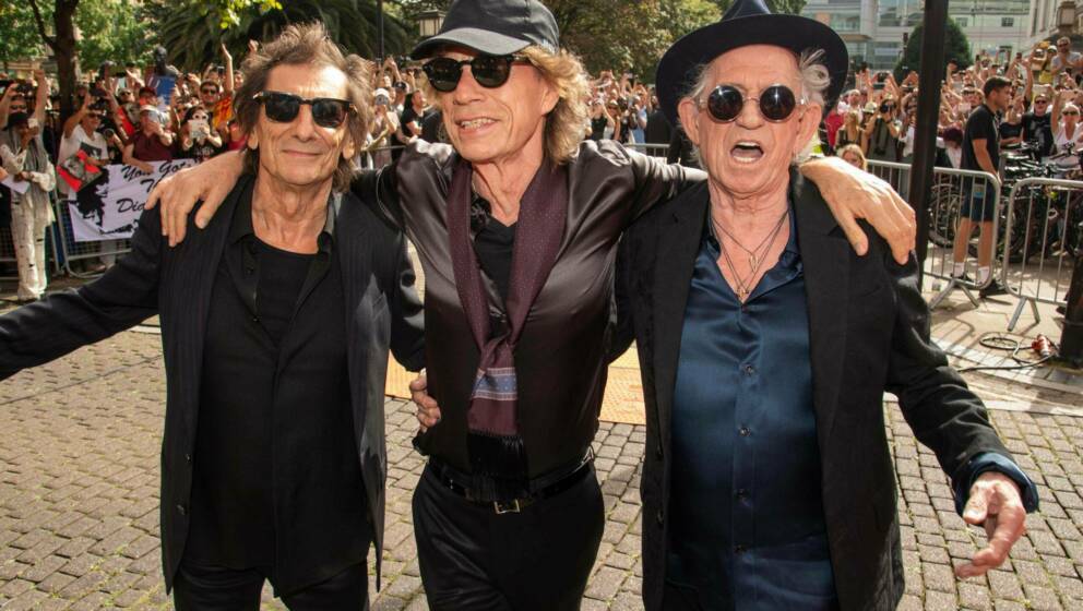 Ronnie Wood, Mick Jagger and Keith Richards of Rolling Stones attend Rolling Stones’ ‘Hackney Diamonds’ album launch ev