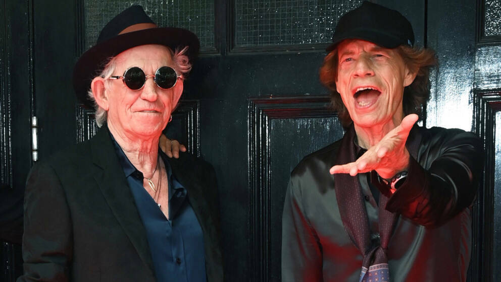 LONDON, ENGLAND - SEPTEMBER 06: Keith Richards (L) and Sir Mick Jagger attend the launch event for The Rolling Stones' new al
