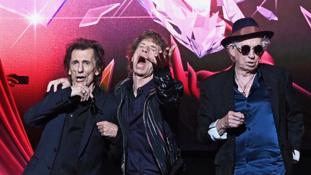 LONDON, ENGLAND - SEPTEMBER 06: (L-R) Ronnie Wood, Sir Mick Jagger and Keith Richards attend the launch event for The Rolling