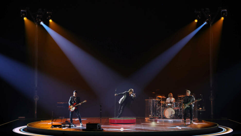 LAS VEGAS, NEVADA - SEPTEMBER 29: (Exclusive Coverage) Bono, The Edge, Adam Clayton and Bram van den Berg of U2 perform durin