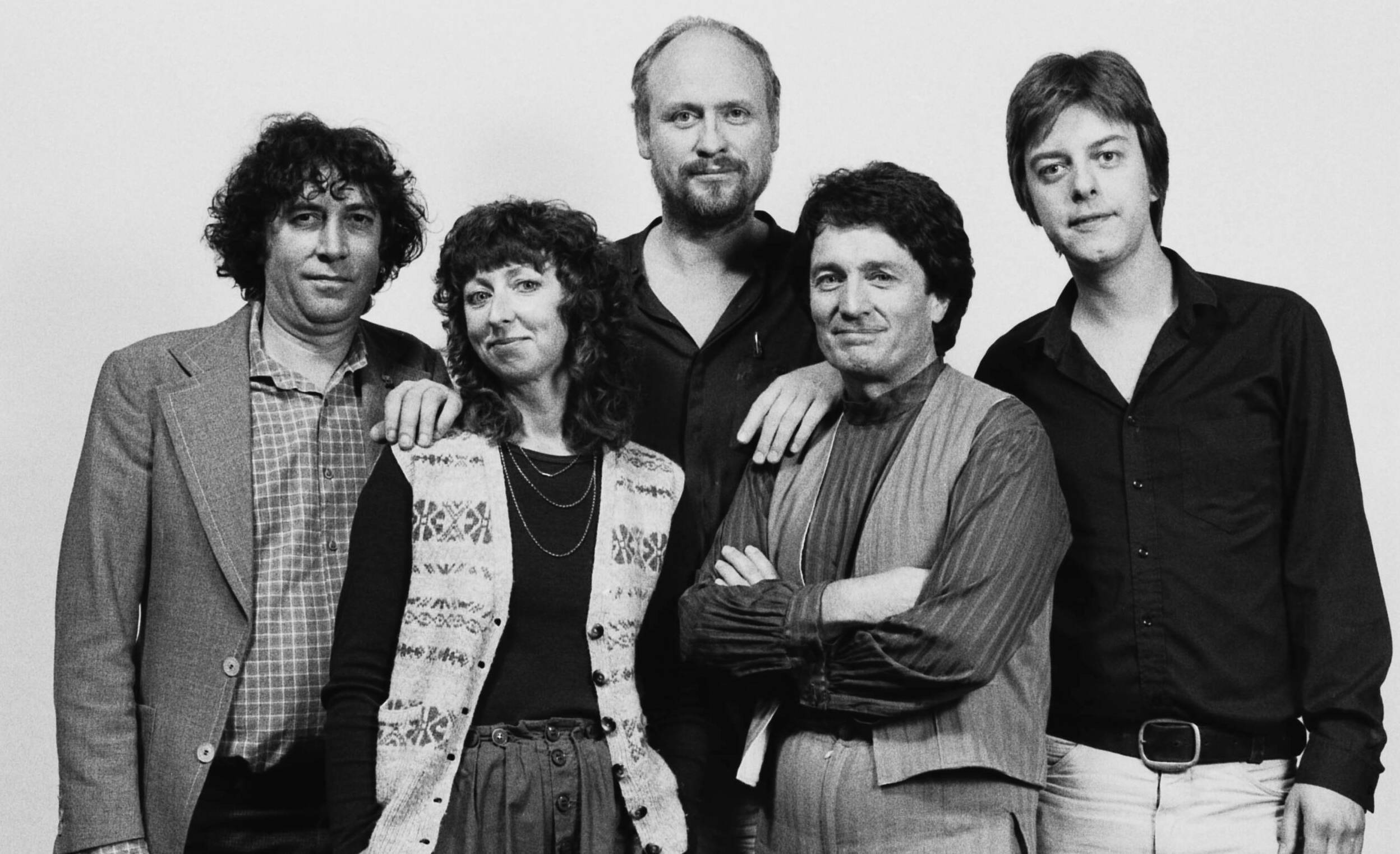 British folk group Pentangle, London, 1985. Left to right: guitarist Bert Jansch, singer Jacqui McShee, double bass player...