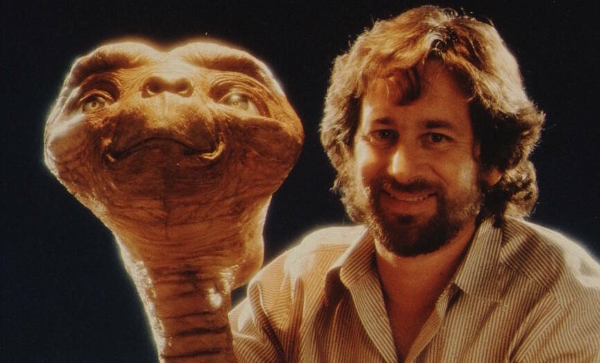 Steven Spielberg poses with E.T. at Carlo Rimbaldi studio in April, 1982 in Los Angeles, California.  (Photo by Mark Senne...