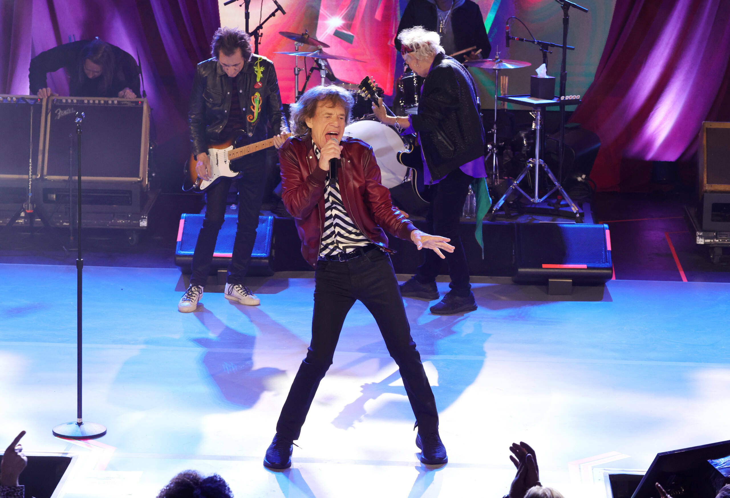 NEW YORK, NEW YORK - OCTOBER 19:  Ronnie Wood, Mick Jagger and Keith Richards perform during The Rolling Stones surprise s...