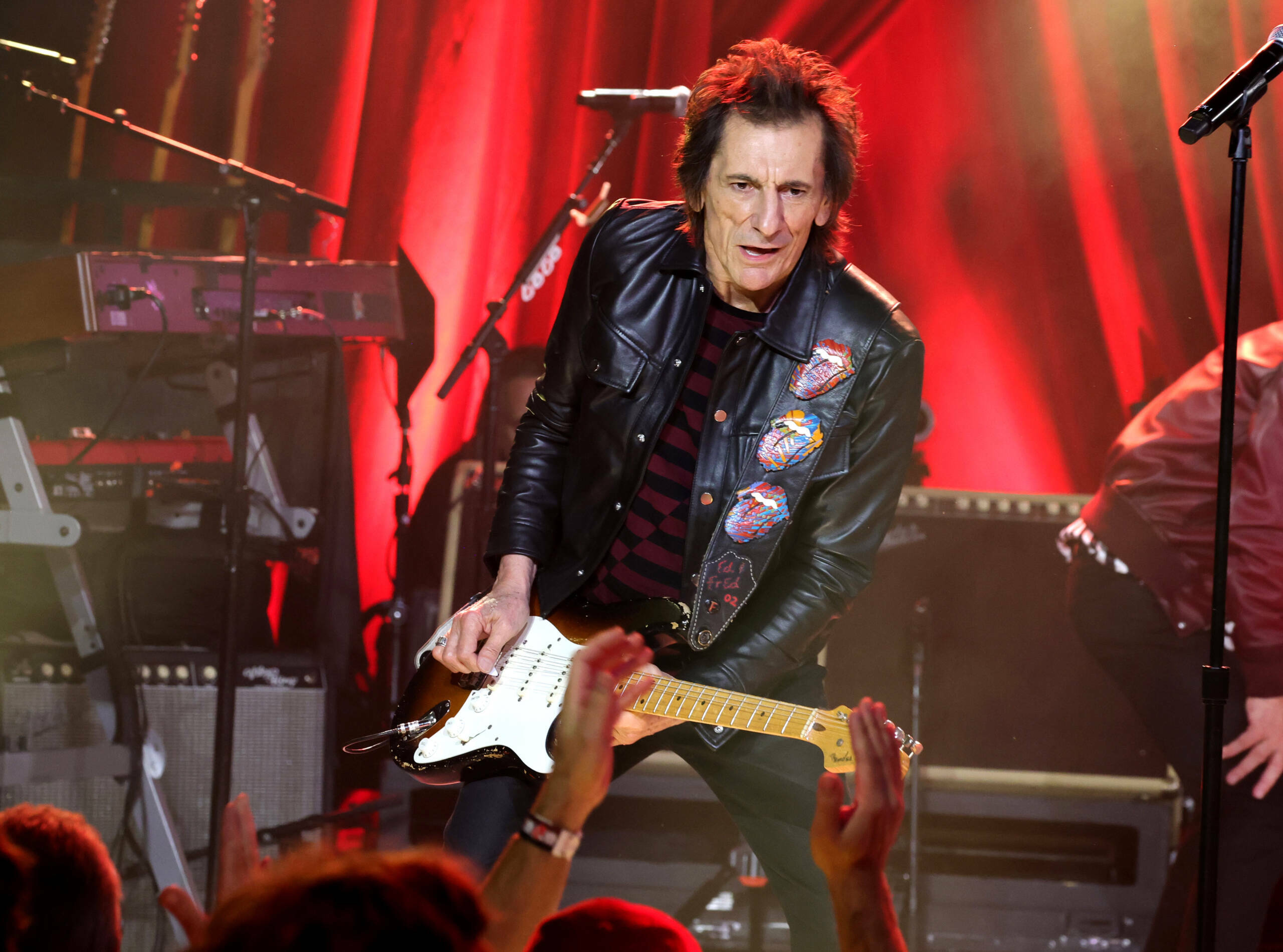 NEW YORK, NEW YORK - OCTOBER 19:  (Exclusive Coverage) Ronnie Wood performs during The Rolling Stones surprise set in cele...