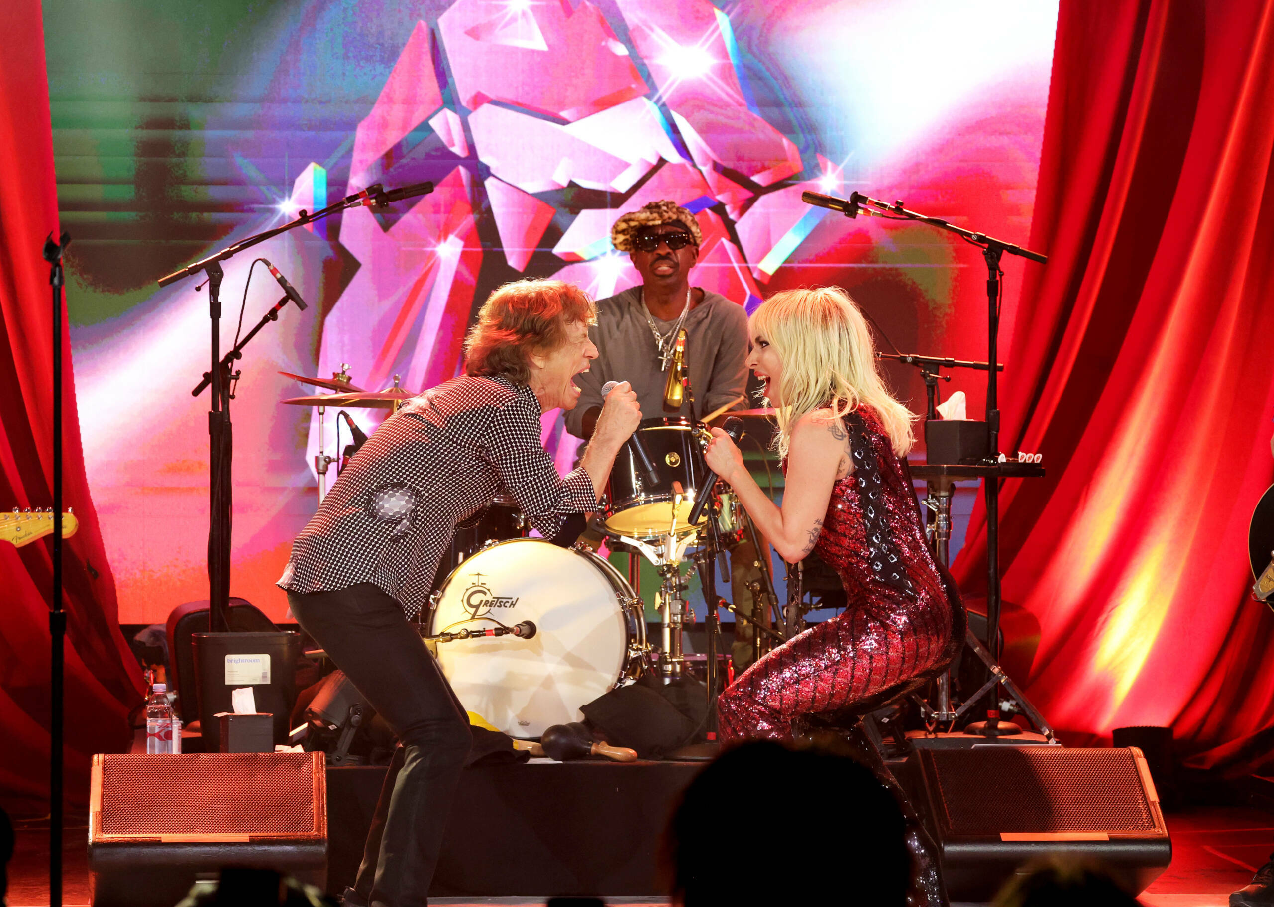 NEW YORK, NEW YORK - OCTOBER 19:  (Exclusive Coverage) Mick Jagger and Lady Gaga perform during The Rolling Stones surpris...