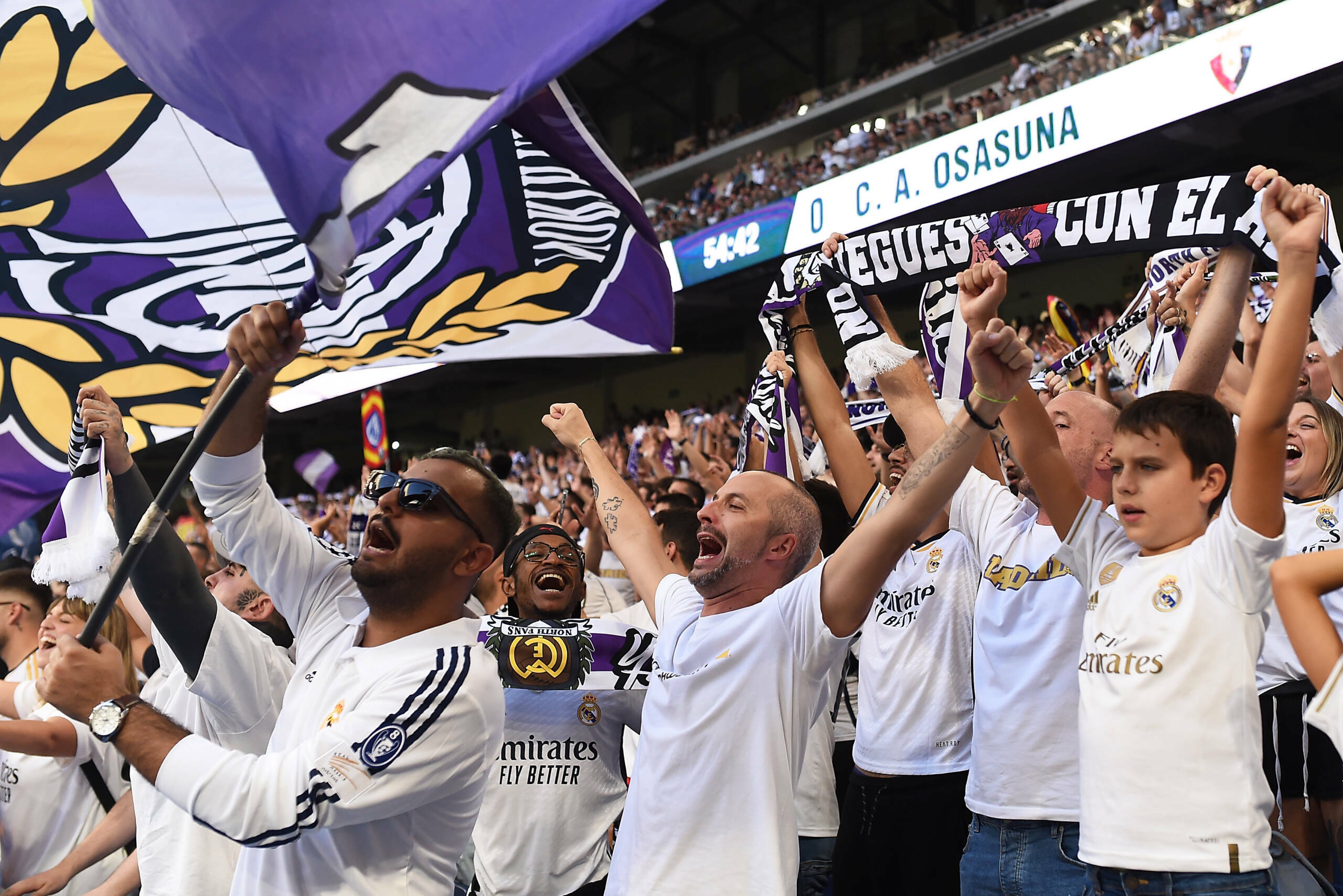 MADRID, SPAIN - OCTOBER 07: Real Madrid fans support their team during the LaLiga EA Sports match between Real Madrid CF a...