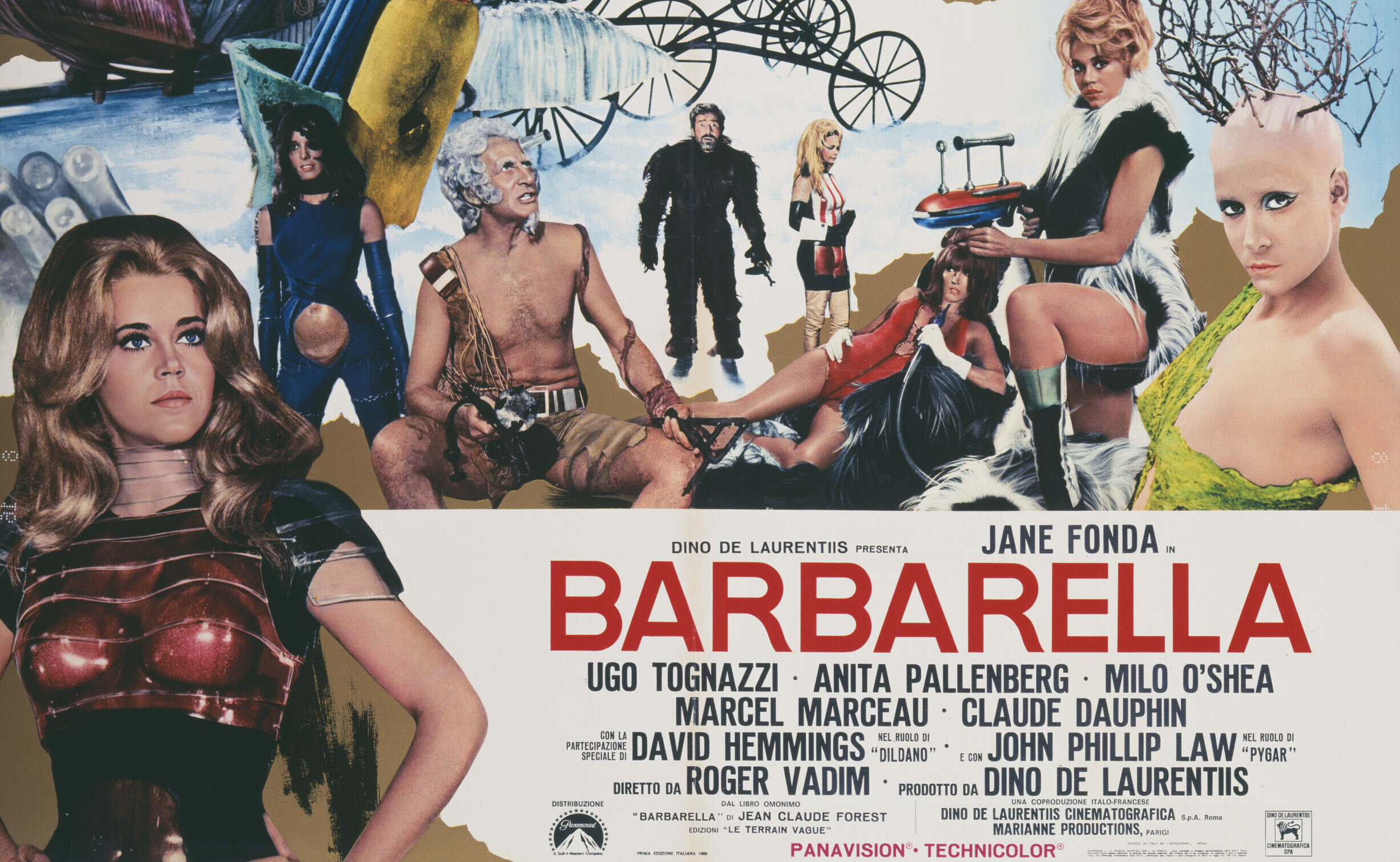 An Italian poster for Roger Vadim's 1968 adventure film 'Barbarella' starring Ugo Tognazzi, Jane Fonda, Marcel Marceau, an...
