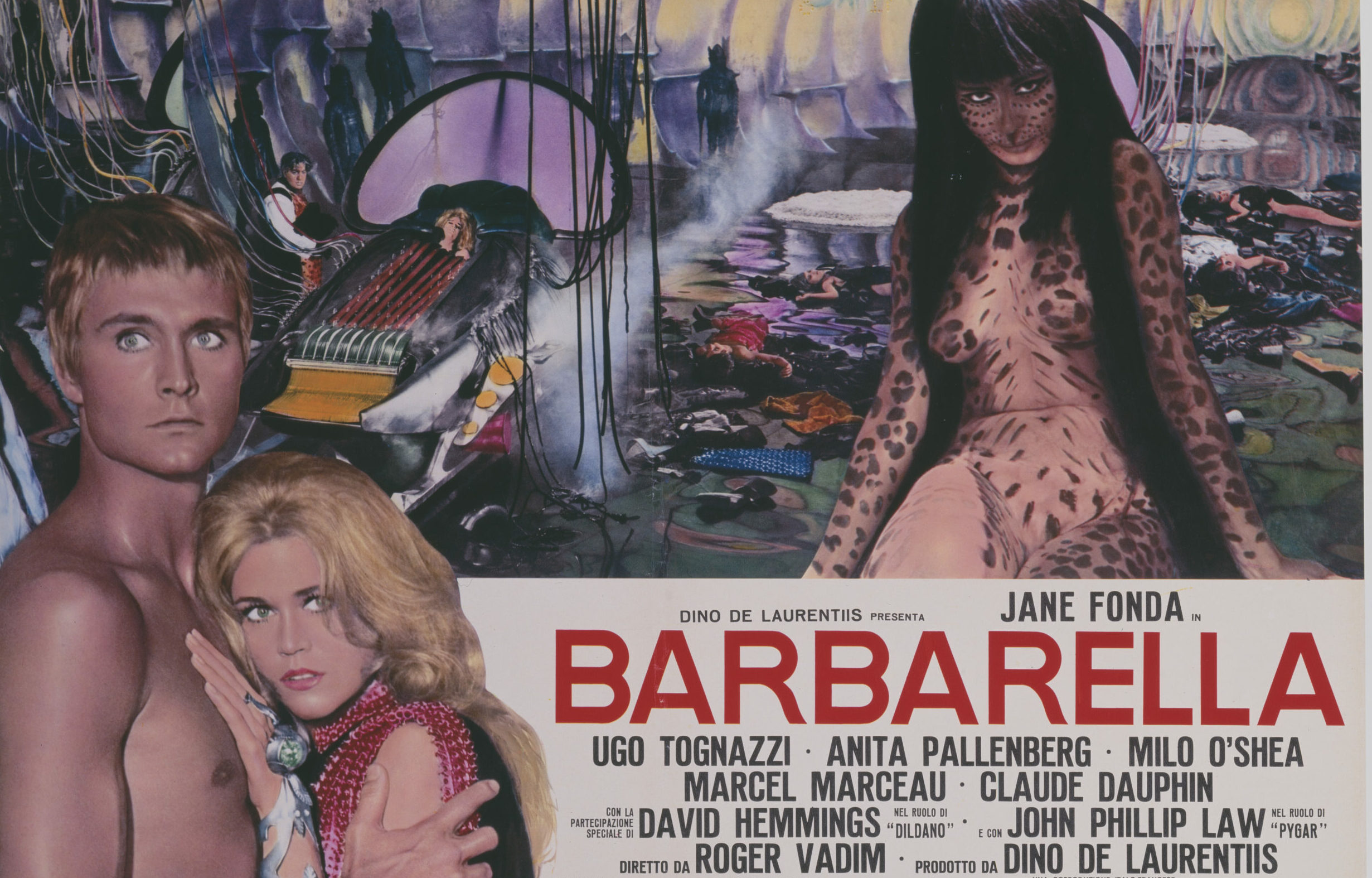 An Italian poster for Roger Vadim's 1968 adventure film 'Barbarella' starring John Phillip Law and Jane Fonda. (Photo by M...