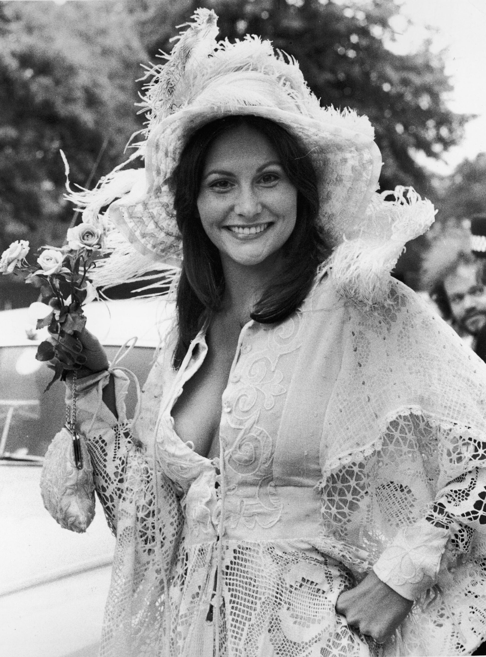 American actor Linda Lovelace poses in a lace outfit while on a film set in England, June 19, 1974. The star of the pornog...