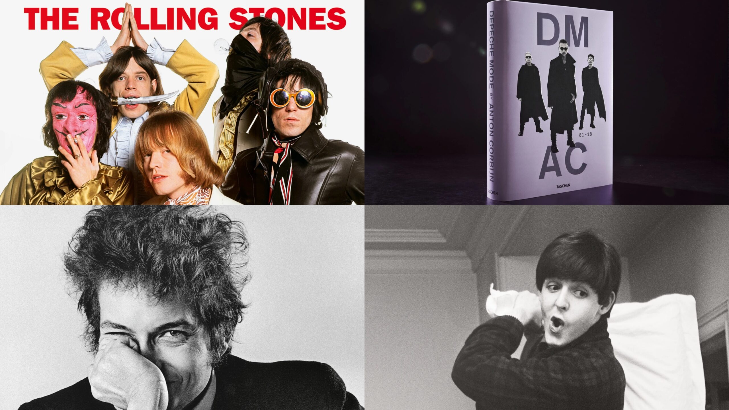 Vier Bücher aus dem Taschen-Programm:Rolling Stones, Depeche Mode, Bob Dylan und die Beatles