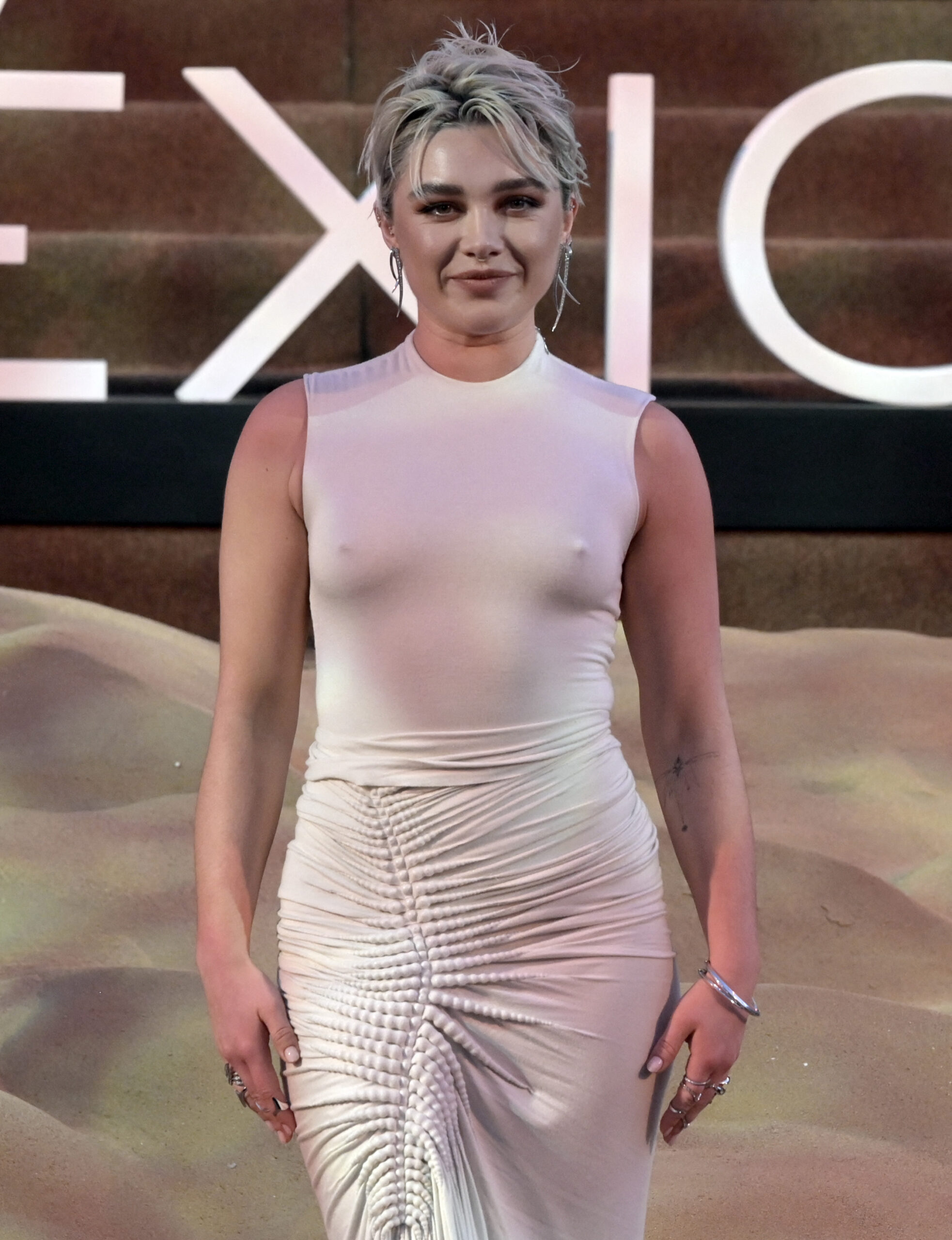 British actress Florence Pugh poses during the red carpet of the film "Dune: Part Two" in Mexico City on February 6, 2024....