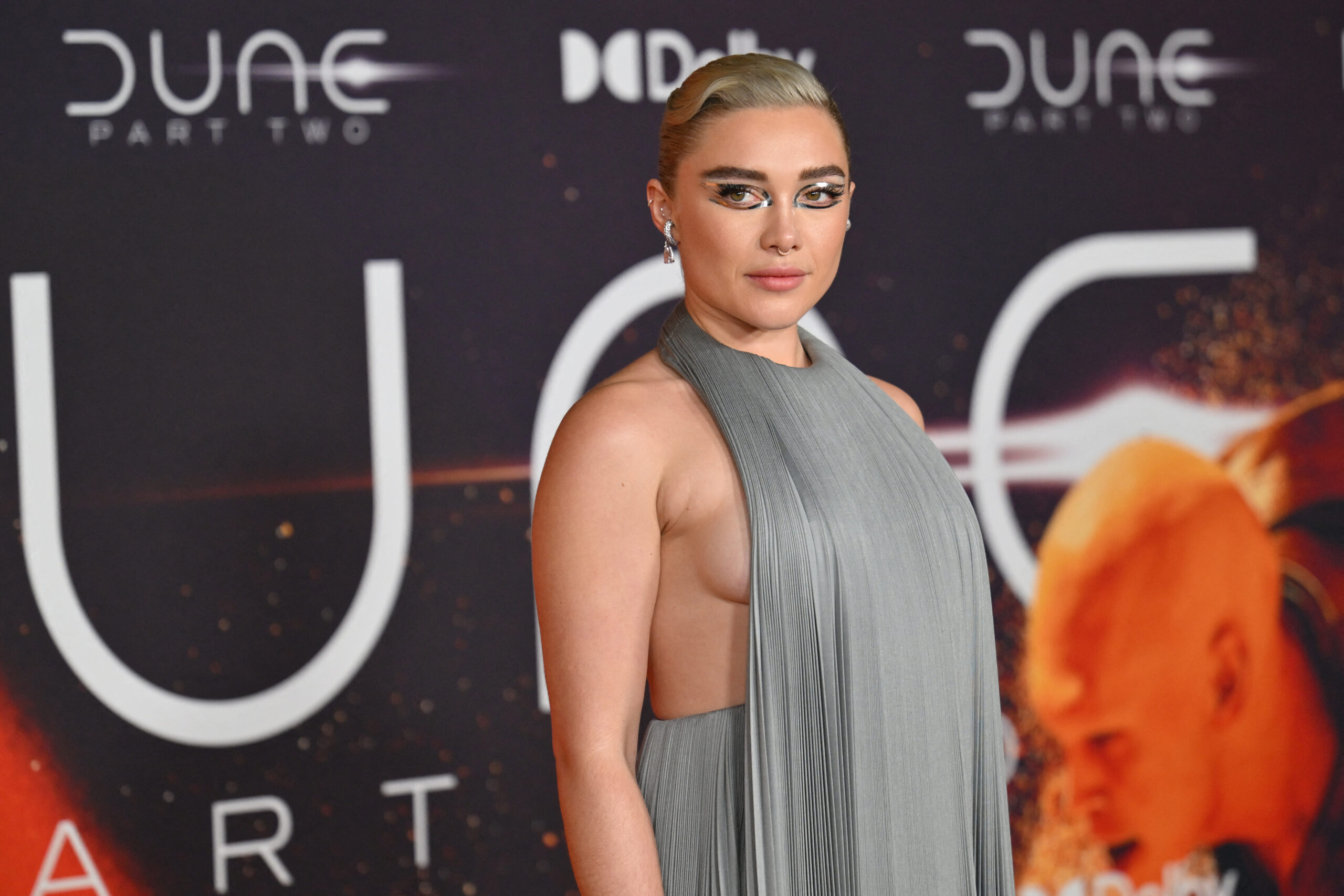 British actress Florence Pugh arrives for the premiere of "Dune: Part Two" at Josie Robertson Plaza in Lincoln Center on F...
