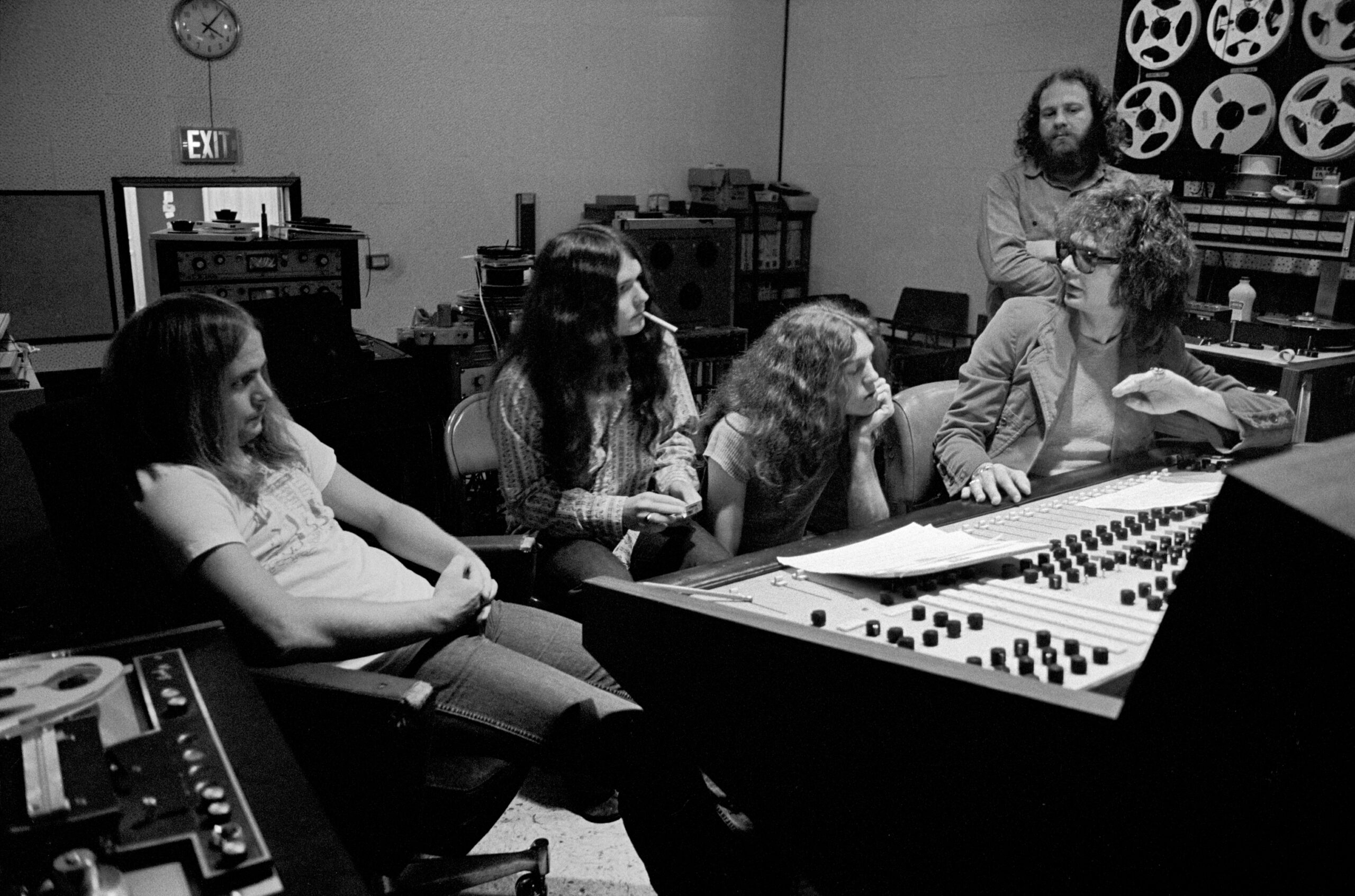ATLANTA - MAY 6: (L-R) Lynyrd Skynyrd members Ronnie Van Zant, Gary Rossington and Allen Collins work with producer Al Koo...