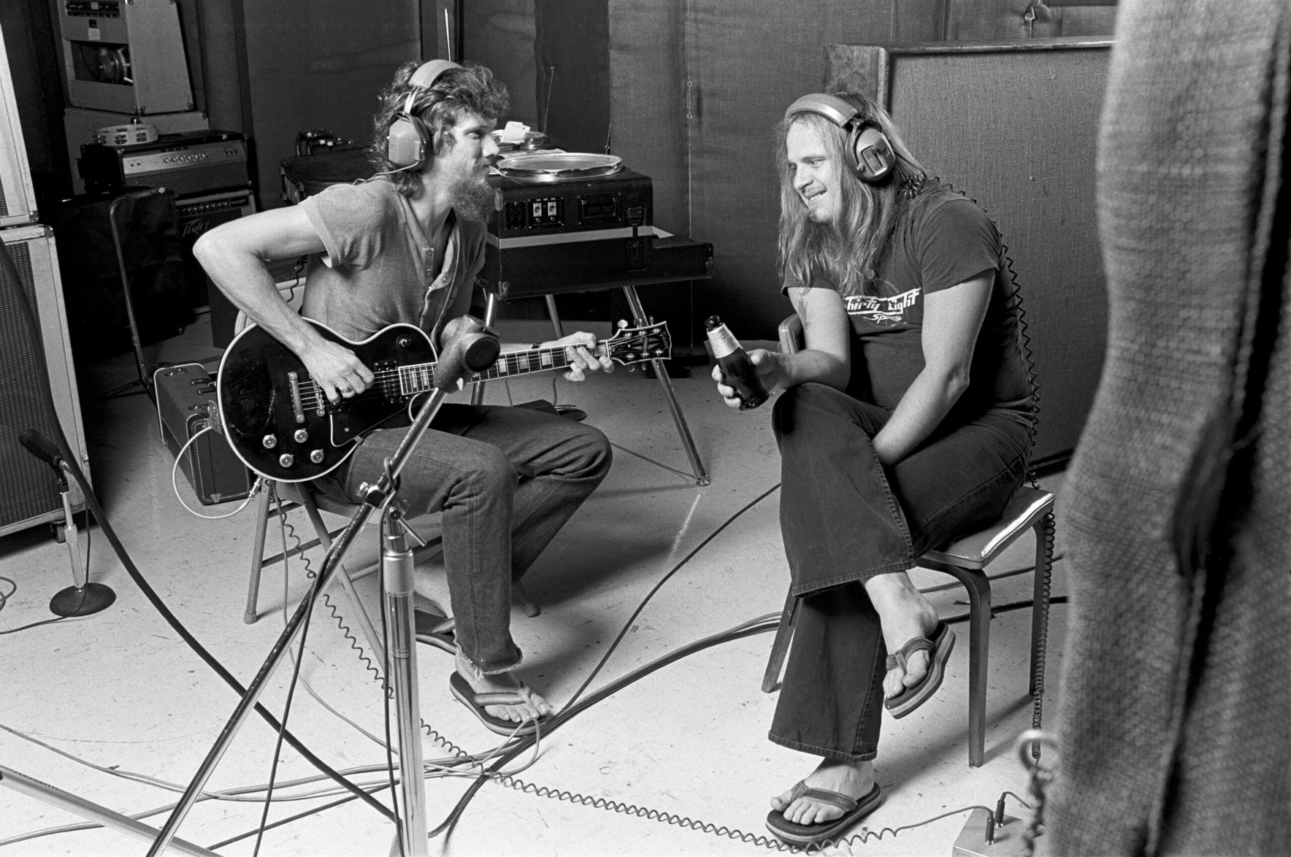 ATLANTA - AUGUST 12: (L-R)  Lynyrd Skynyrd guitarist Steve Gaines and singer-songwriter Ronnie Van Zant work on "Street Su...