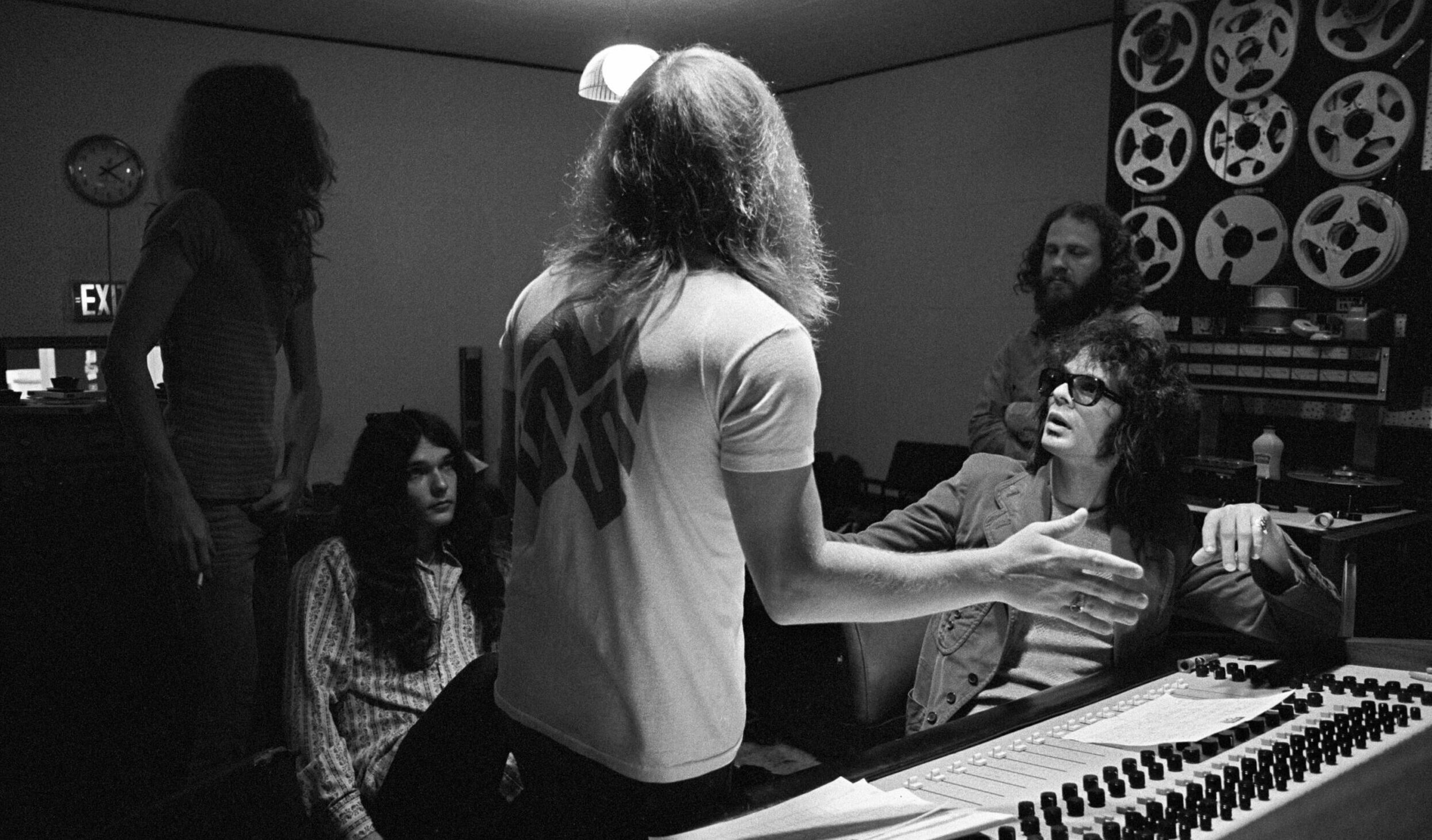 ATLANTA - MAY 6: (L-R) Lynyrd Skynyrd members Allen Collins, Gary Rossington and Ronnie Van Zant work with producer Al Koo...