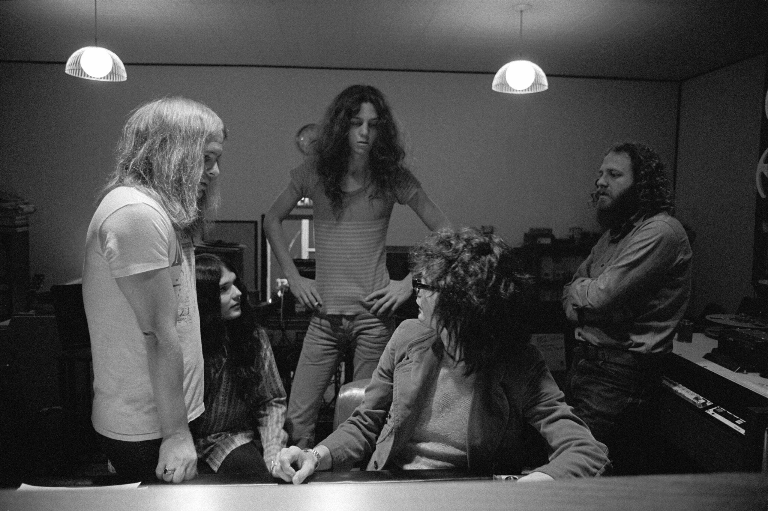 ATLANTA - MAY 6: (L-R) Lynyrd Skynyrd members Ronnie Van Zant, Gary Rossington and Allen Collins work with producer Al Koo...