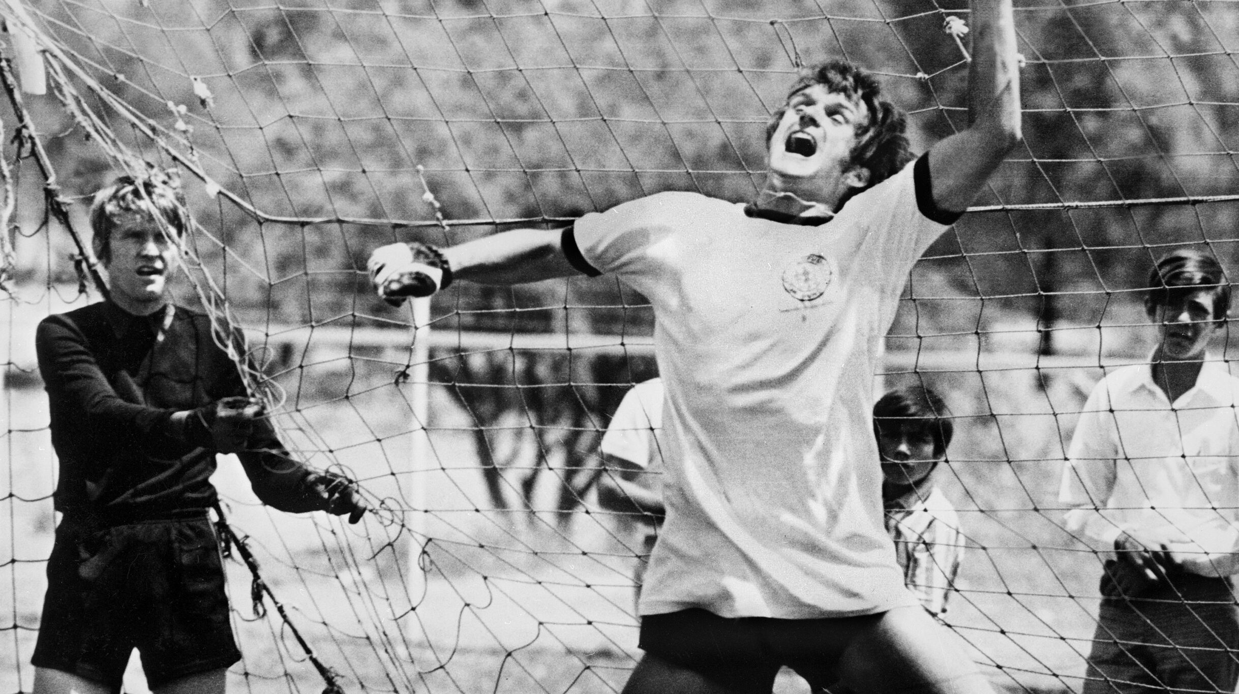 LEON, MEXICO - JUNE 6:  West German midfielder Wolfgang Overath playfully tries his hand as a goalkeeper as regular starte...