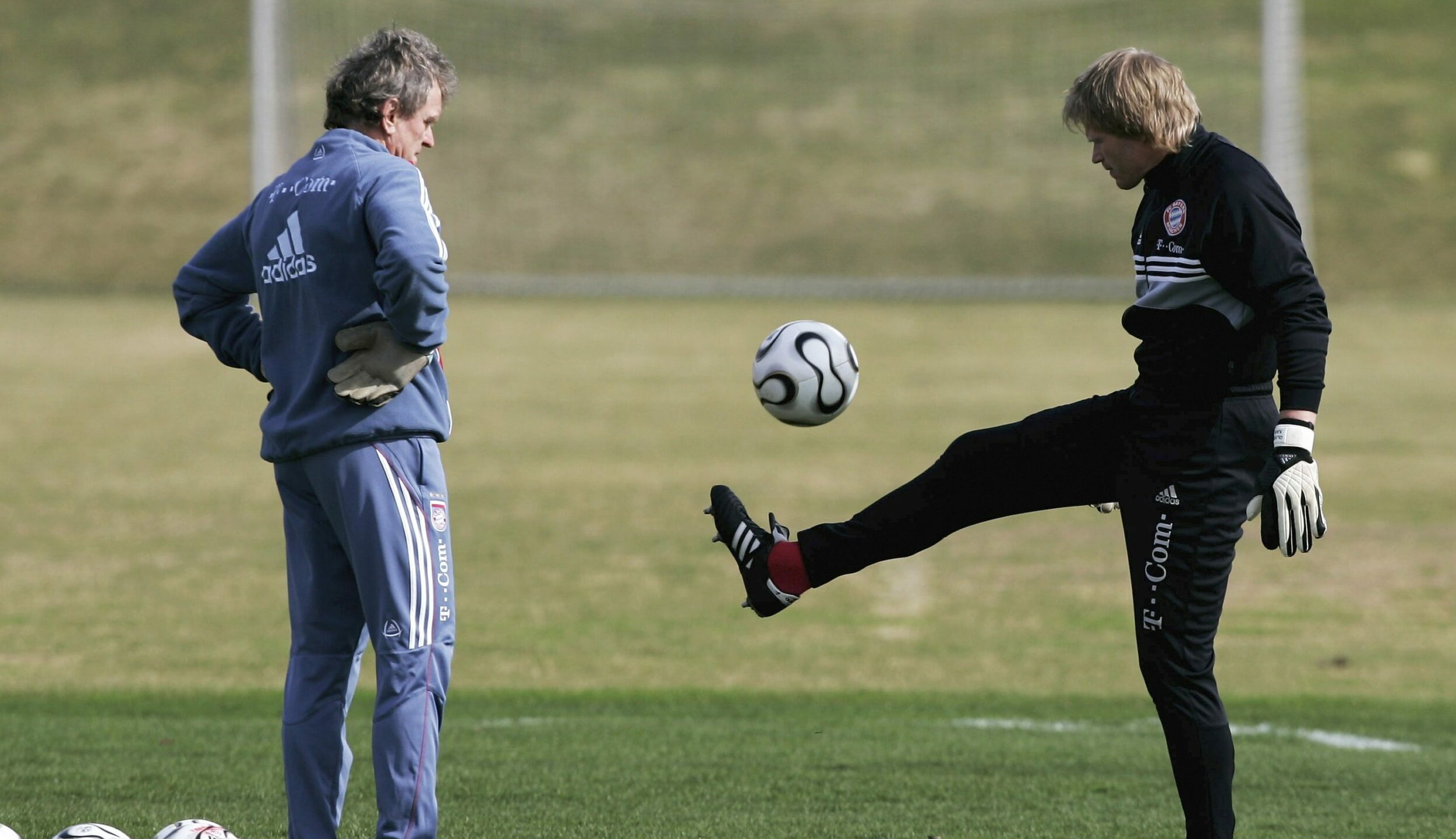 MUNICH, GERMANY - APRIL 04: Goalkeeper coach Sepp Meier and Oliver Kahn (R) talk during the Bayern Munich Training Session...