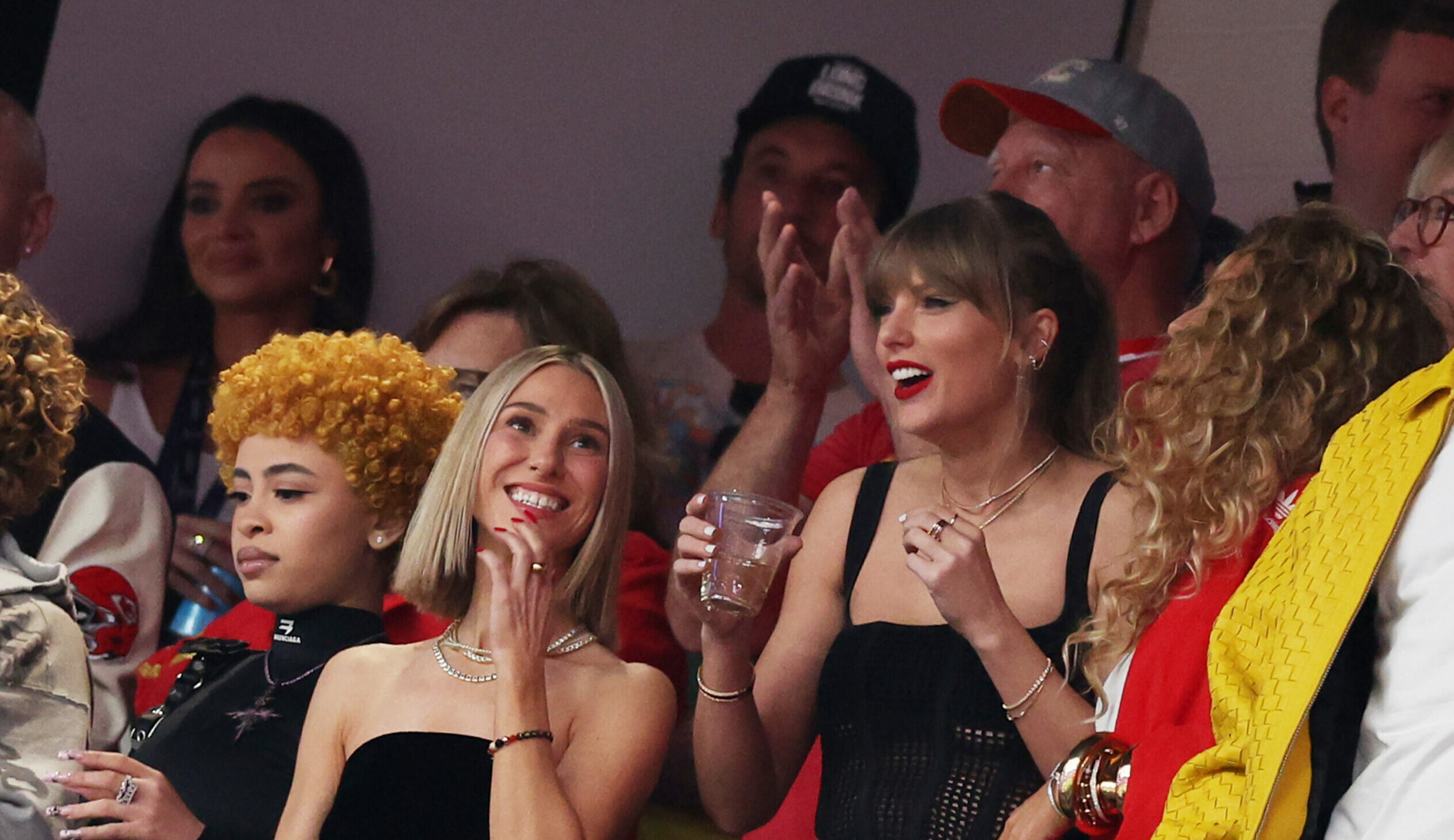 LAS VEGAS, NEVADA - FEBRUARY 11: Singer Taylor Swift reacts prior to Super Bowl LVIII between the San Francisco 49ers and ...