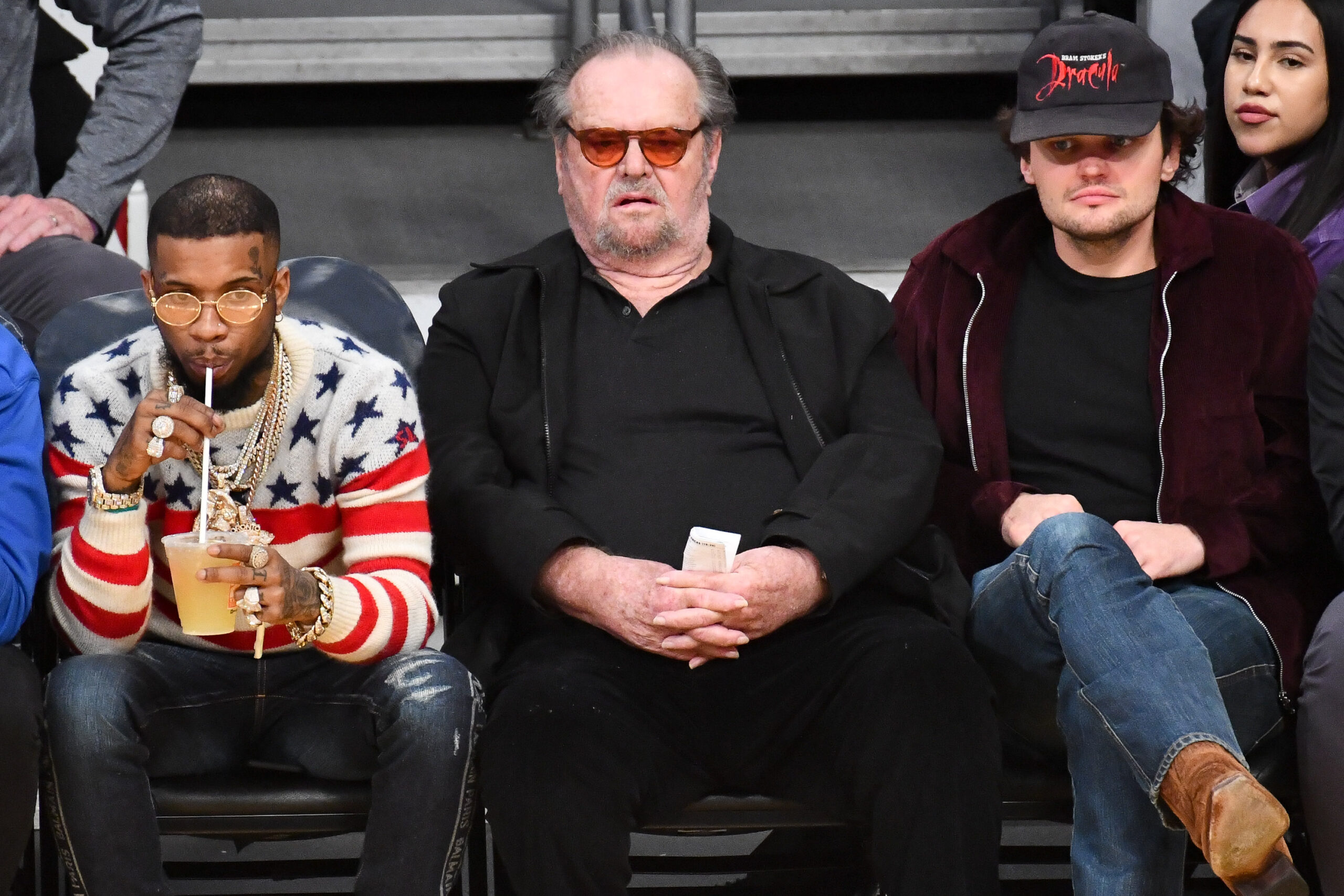 LOS ANGELES, CALIFORNIA - JANUARY 07: (L-R) Tory Lanez, Jack Nicholson and Ray Nicholson attend a basketball game between ...