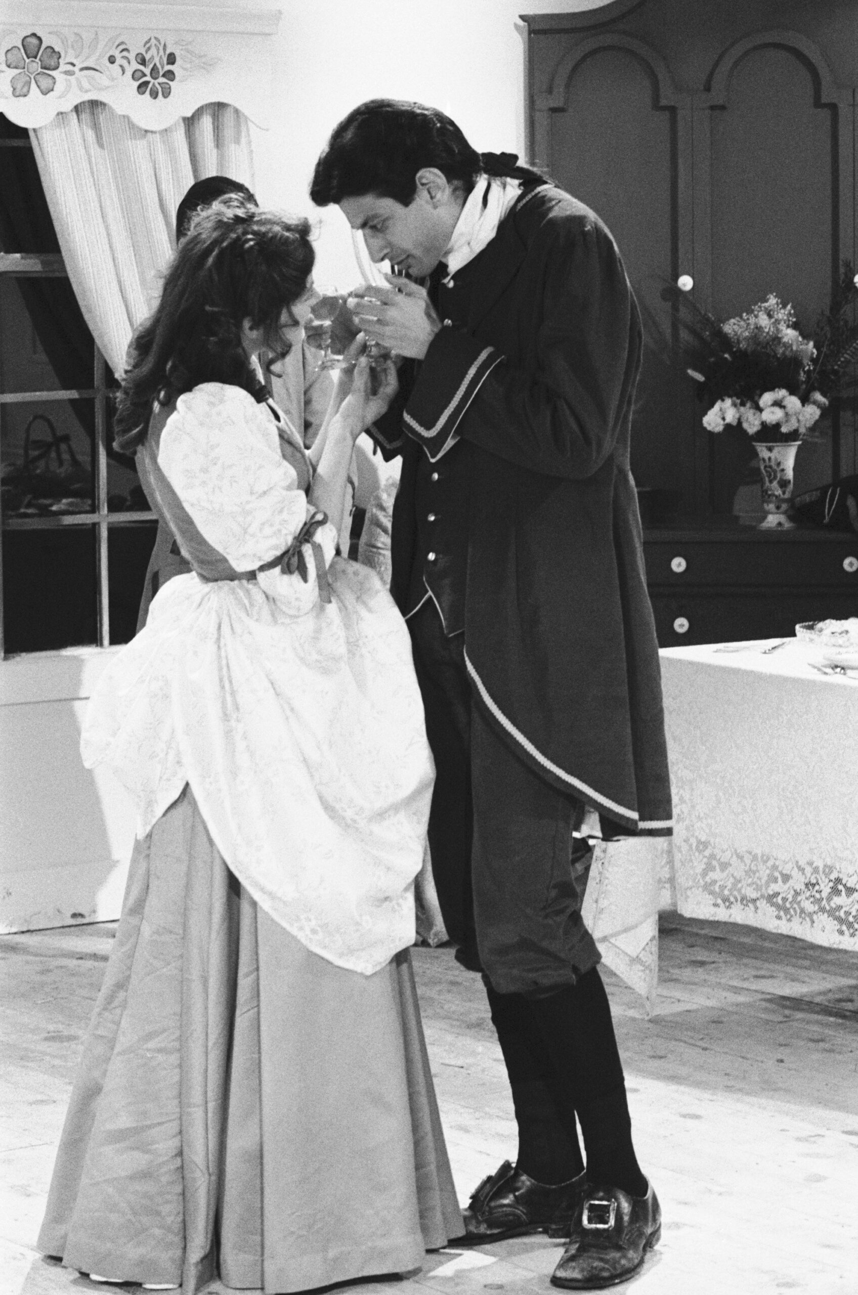 THE LEGEND OF SLEEPY HOLLOW -- Aired 10/31/80 -- Pictured: (l-r) Meg Foster as Katrina Van Tassel, Jeff Goldblum as Ichabo...