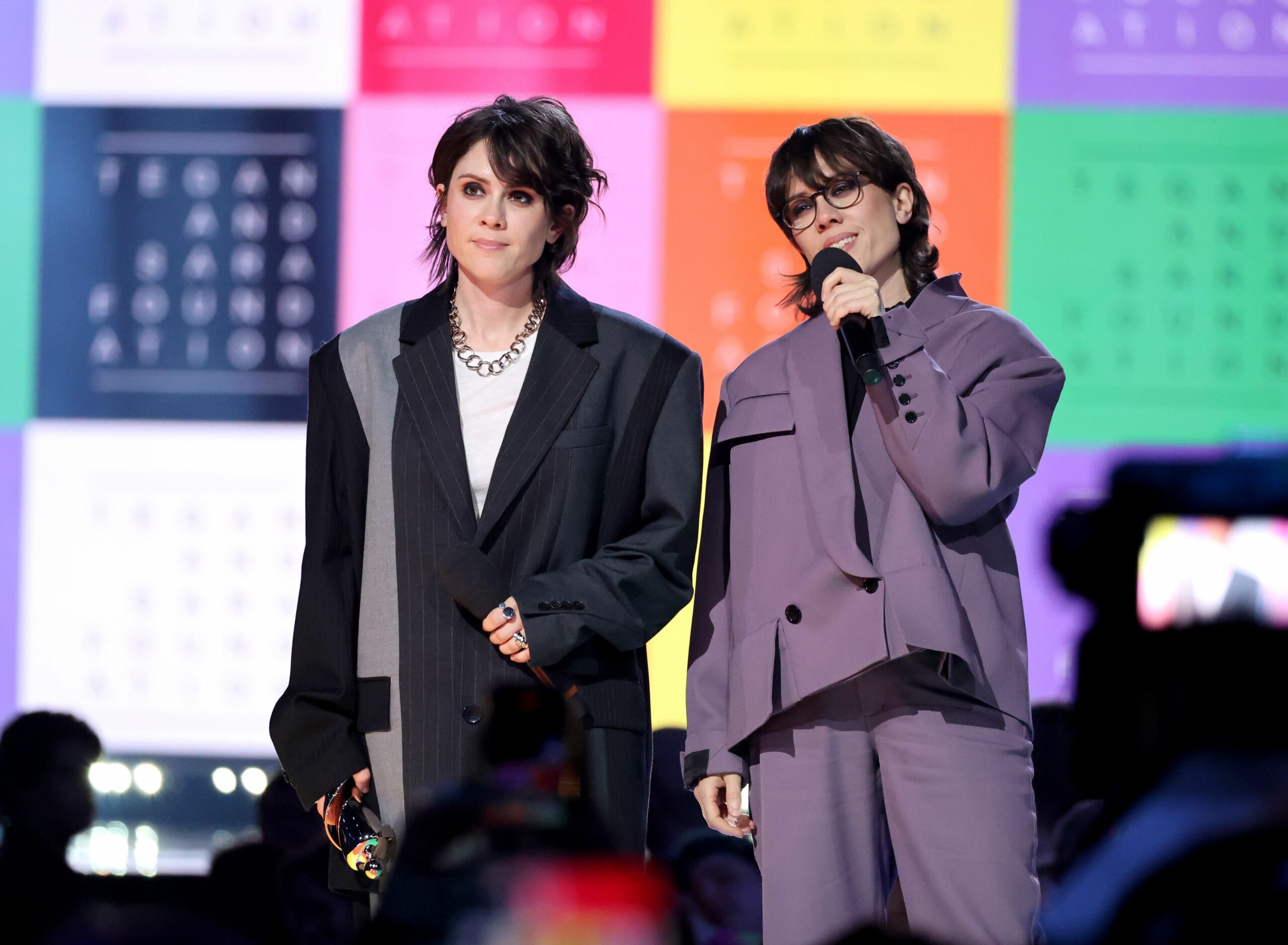HALIFAX, NOVA SCOTIA - MARCH 24: (L-R) Tegan Quin and Sara Quin of Tegan and Sara speak onstage during the 2024 JUNO Award...