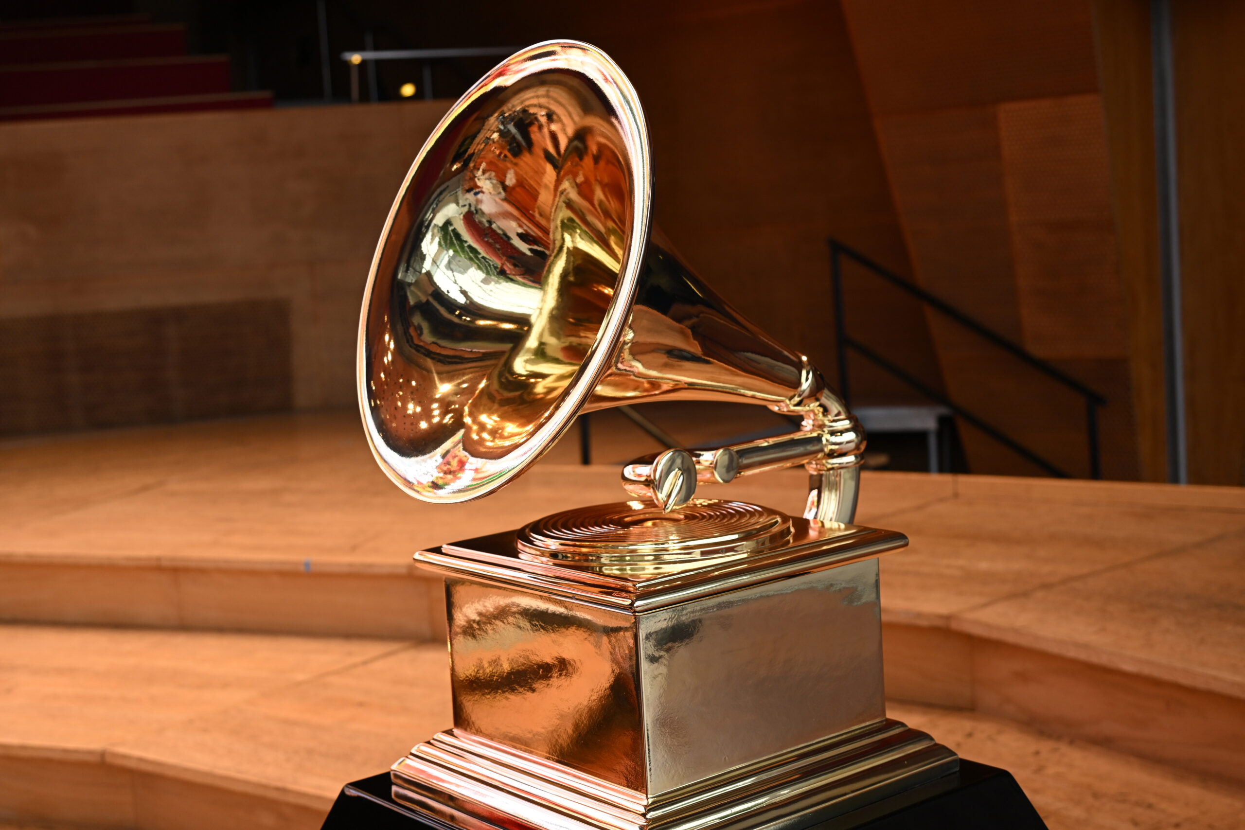 CHICAGO, ILLINOIS - AUGUST 08: A view of a GRAMMY statue on stage during GRAMMY Legacies and Looking Ahead at Jay Pritzker...