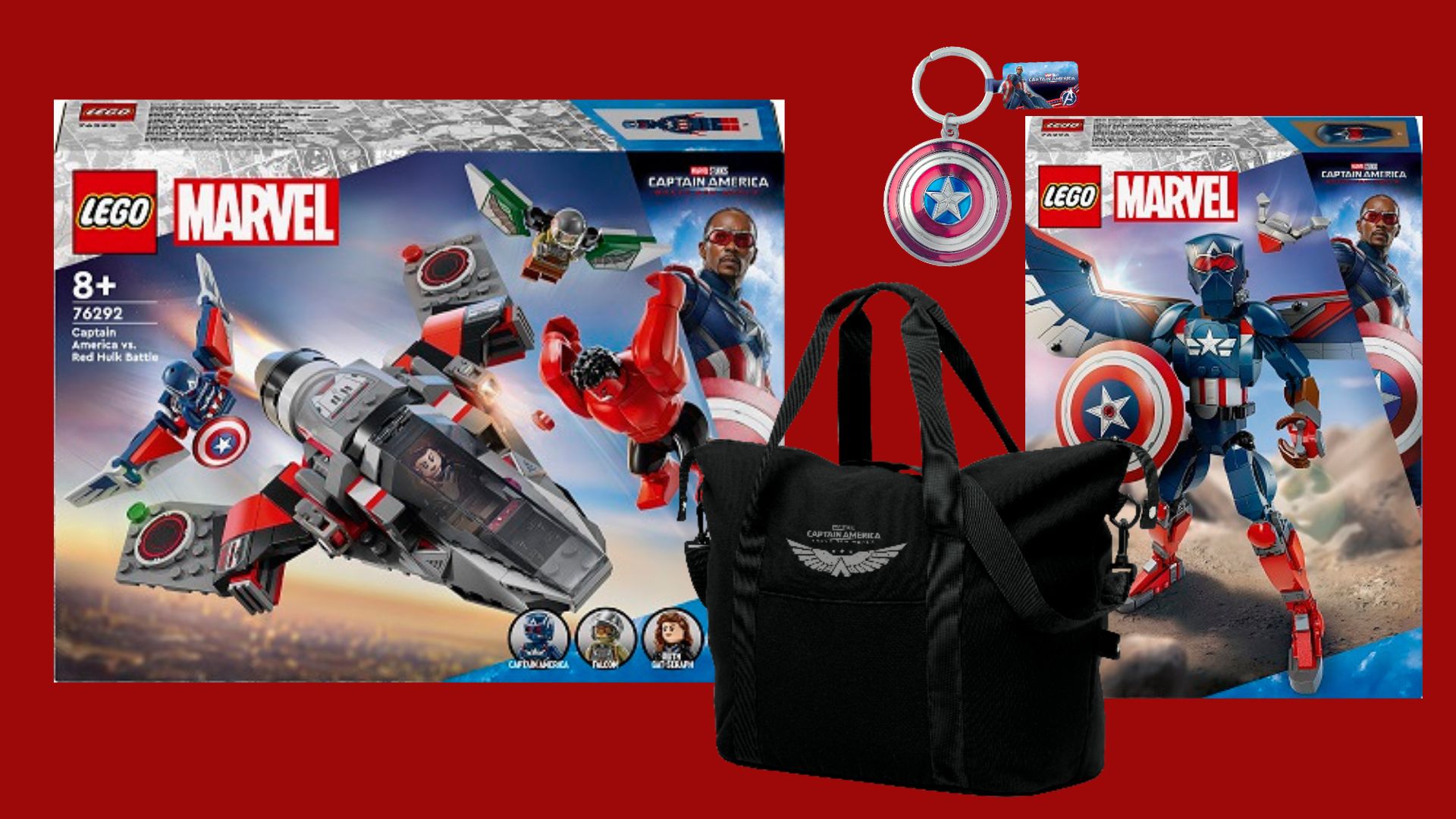 LEGO Marvel Showdown zw. Cap & Red Hulk, LEGO Marvel New Captain America Baufigur, Weekender Bag und Schlüsselanhänger