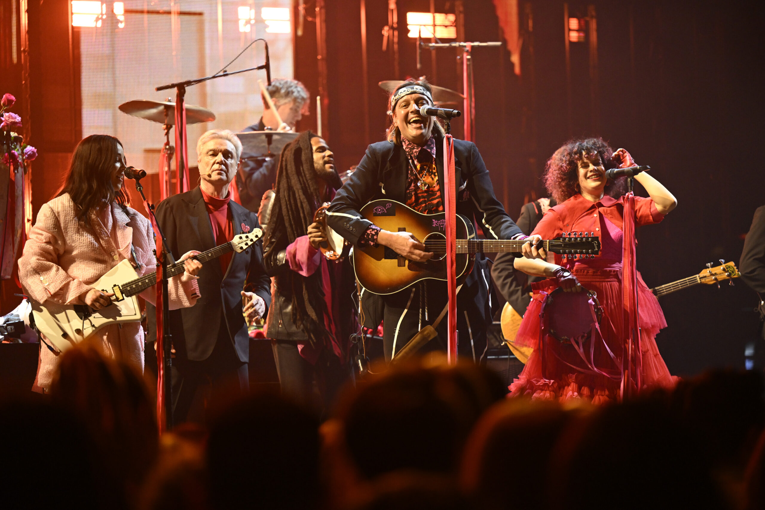 SNL50: THE HOMECOMING CONCERT -- Pictured: (l-r) David Byrne, Arcade Fire performs  on Friday, February 14, 2025 -- (Photo...