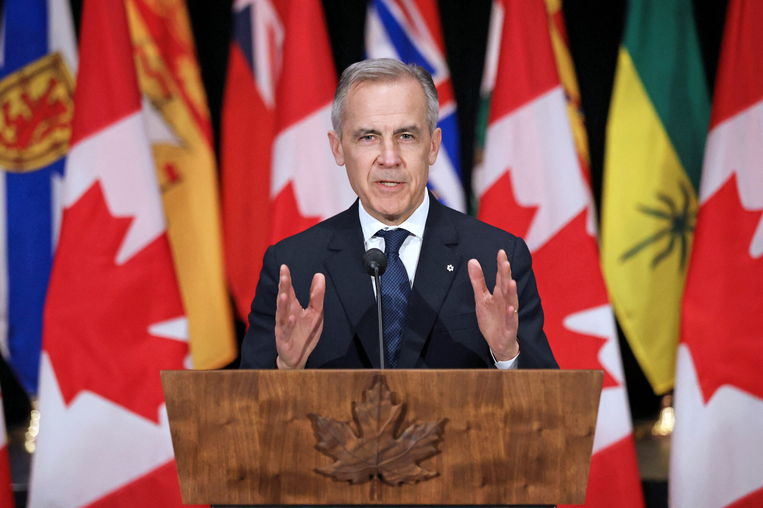 Canada's Prime Minister Mark Carney speaks during a press conference after the First Ministers Meeting in Ottawa, Canada o...