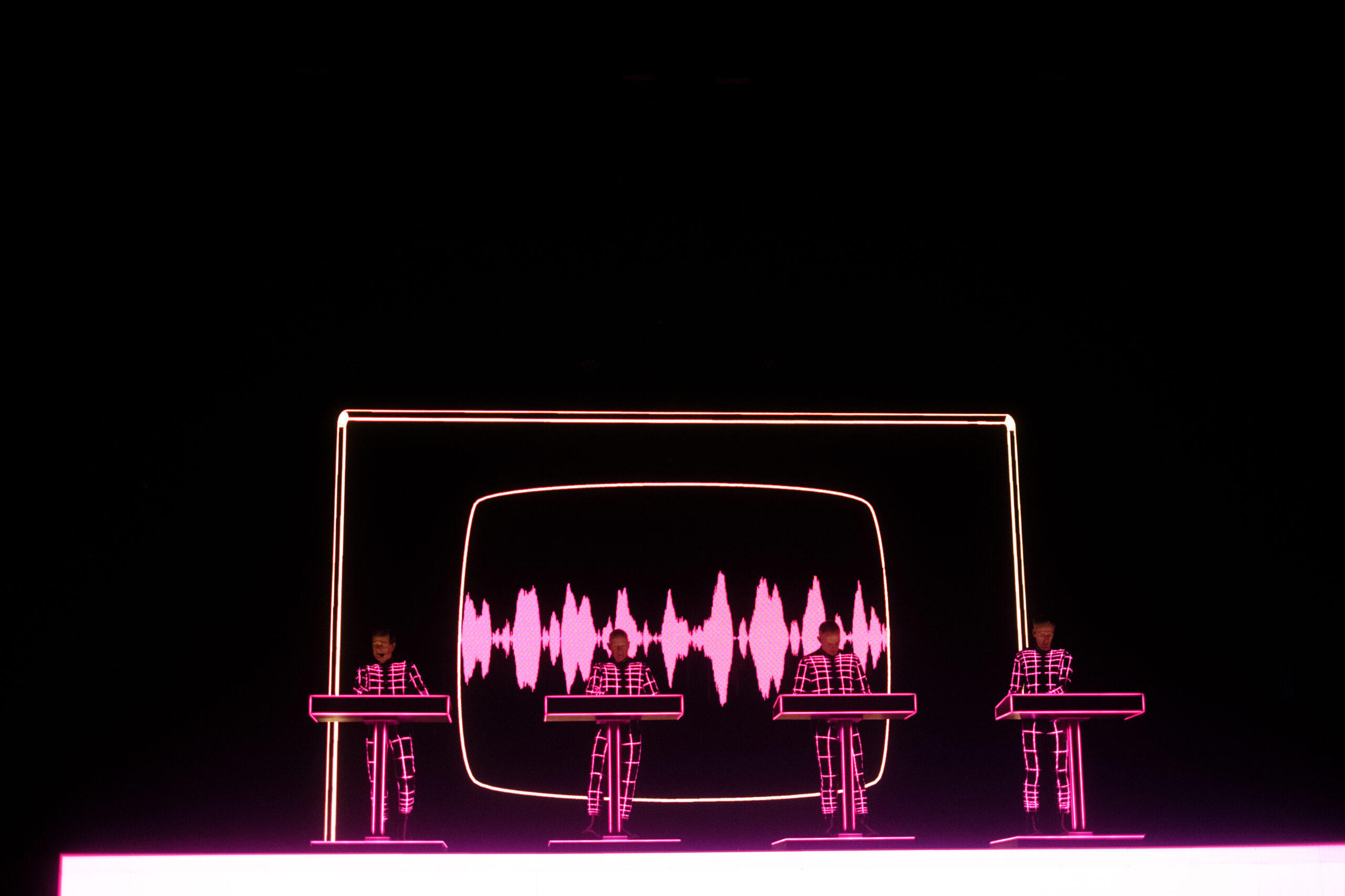 ATLANTA, GEORGIA - MARCH 23: Ralf Hütter, Henning Schmitz, Falk Grieffenhagen, and Georg Bongartz of Kraftwerk perform at...