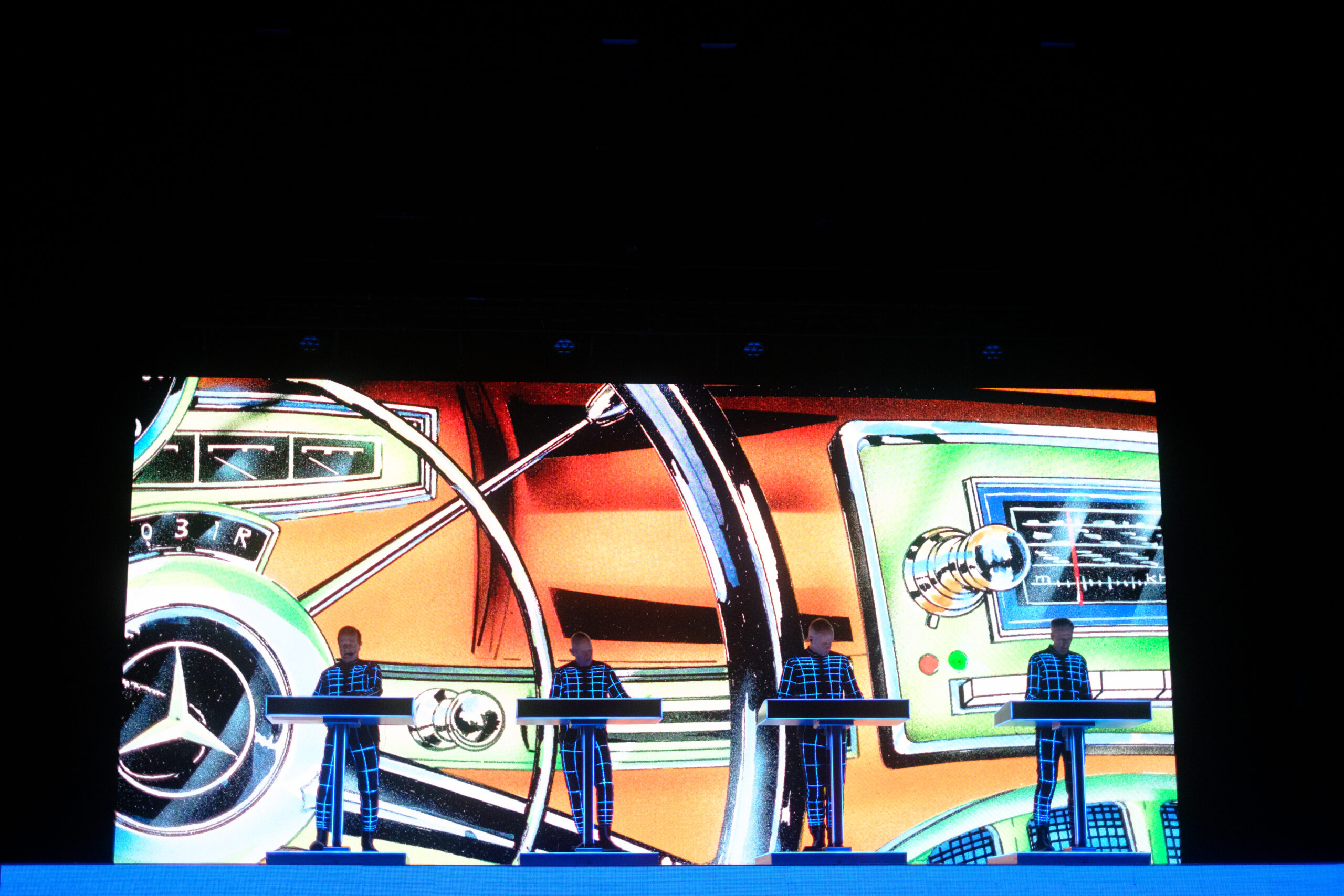 ATLANTA, GEORGIA - MARCH 23: Ralf Hütter, Henning Schmitz, Falk Grieffenhagen, and Georg Bongartz of Kraftwerk perform at...