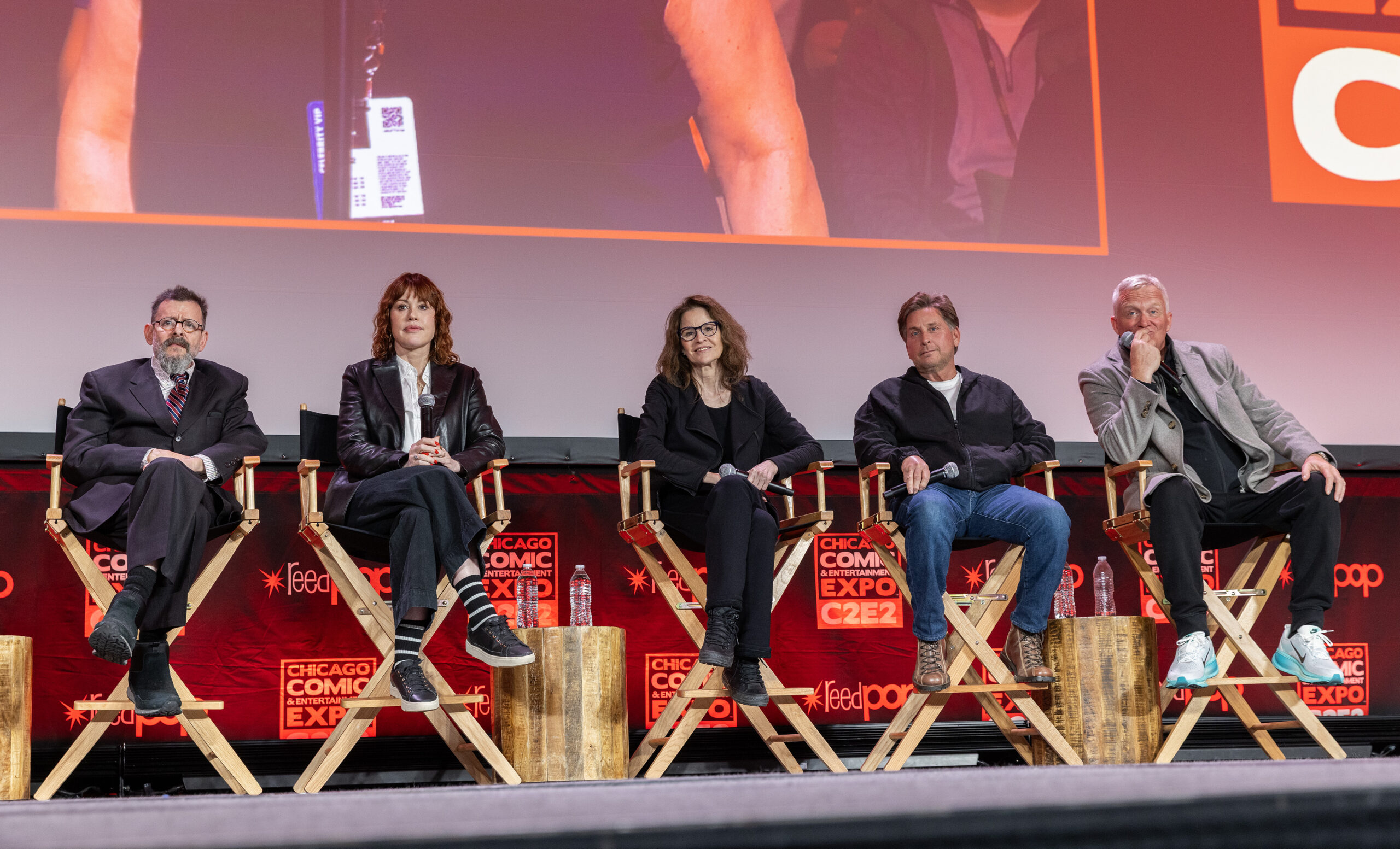CHICAGO, ILLINOIS - APRIL 12: Actors Judd Nelson, Molly Ringwald, Ally Sheedy, Emilio Estèvez and Anthony Michael Hall du...