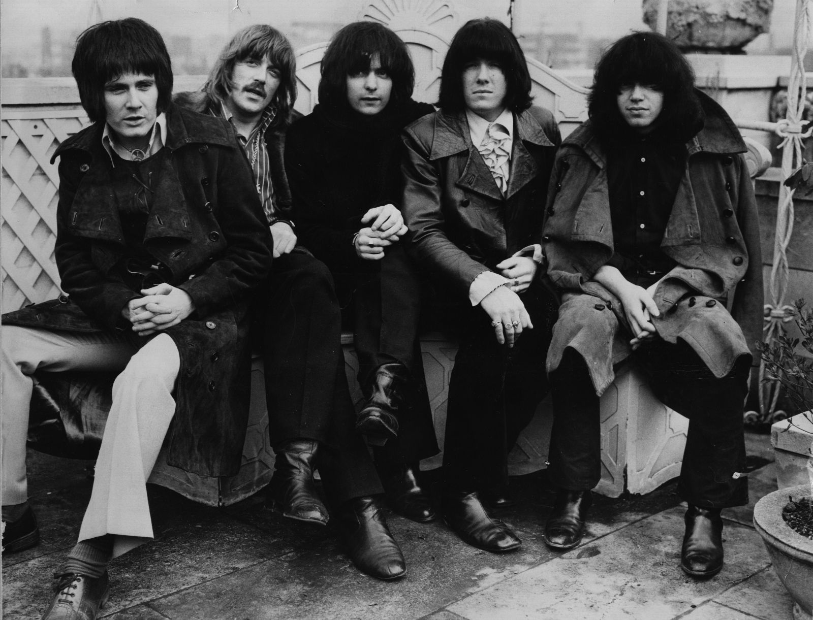 Deep Purple auf dem Dach des Dorchester Hotel in London: Ron Evans, Jon Lord, Ritchie Blackmore, Nicky Simper und Ian Paic...