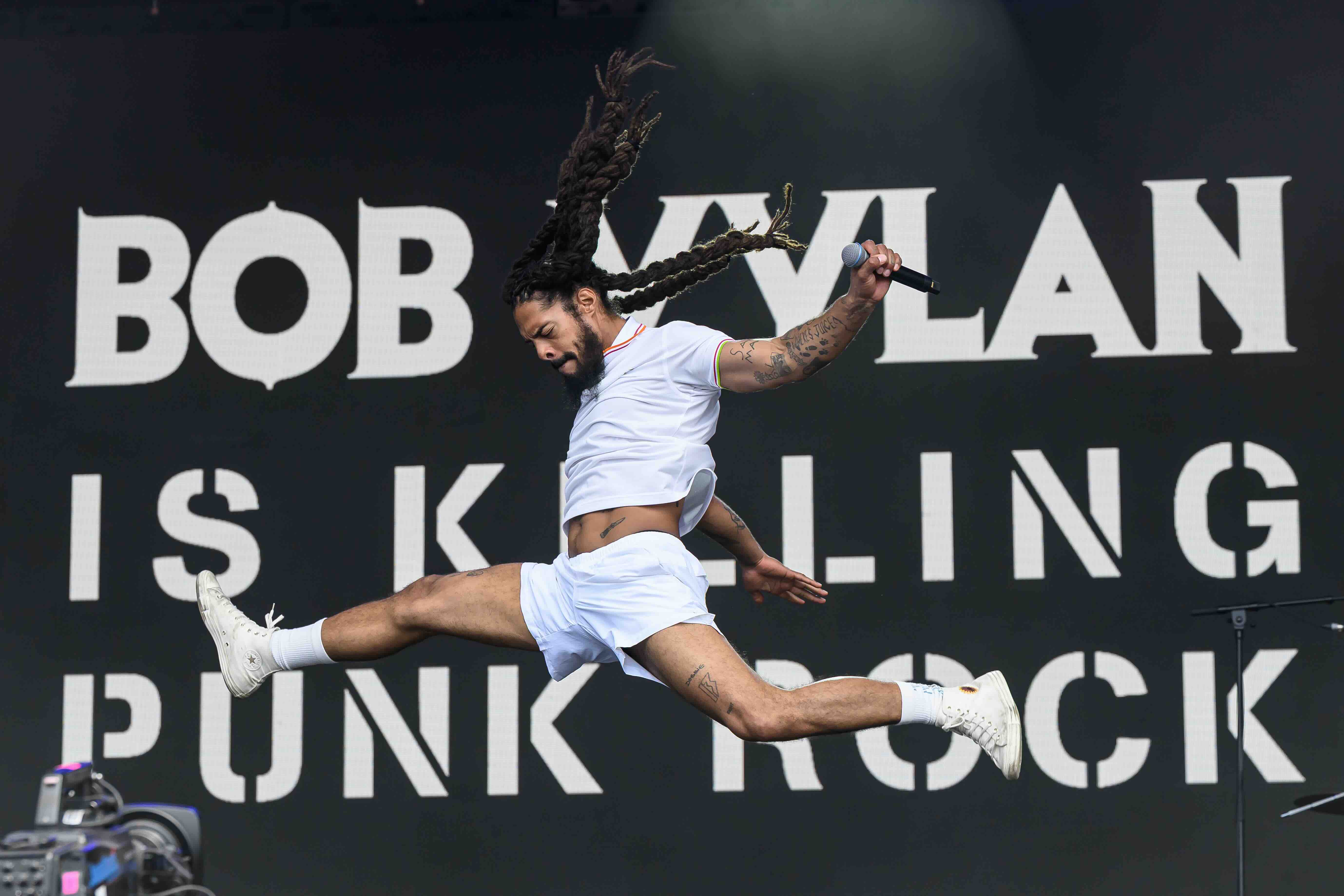 GLASTONBURY, ENGLAND - JUNE 28: Bobby Vylan of Bob Vylan performs on the West Holts stage during day four of Glastonbury f...