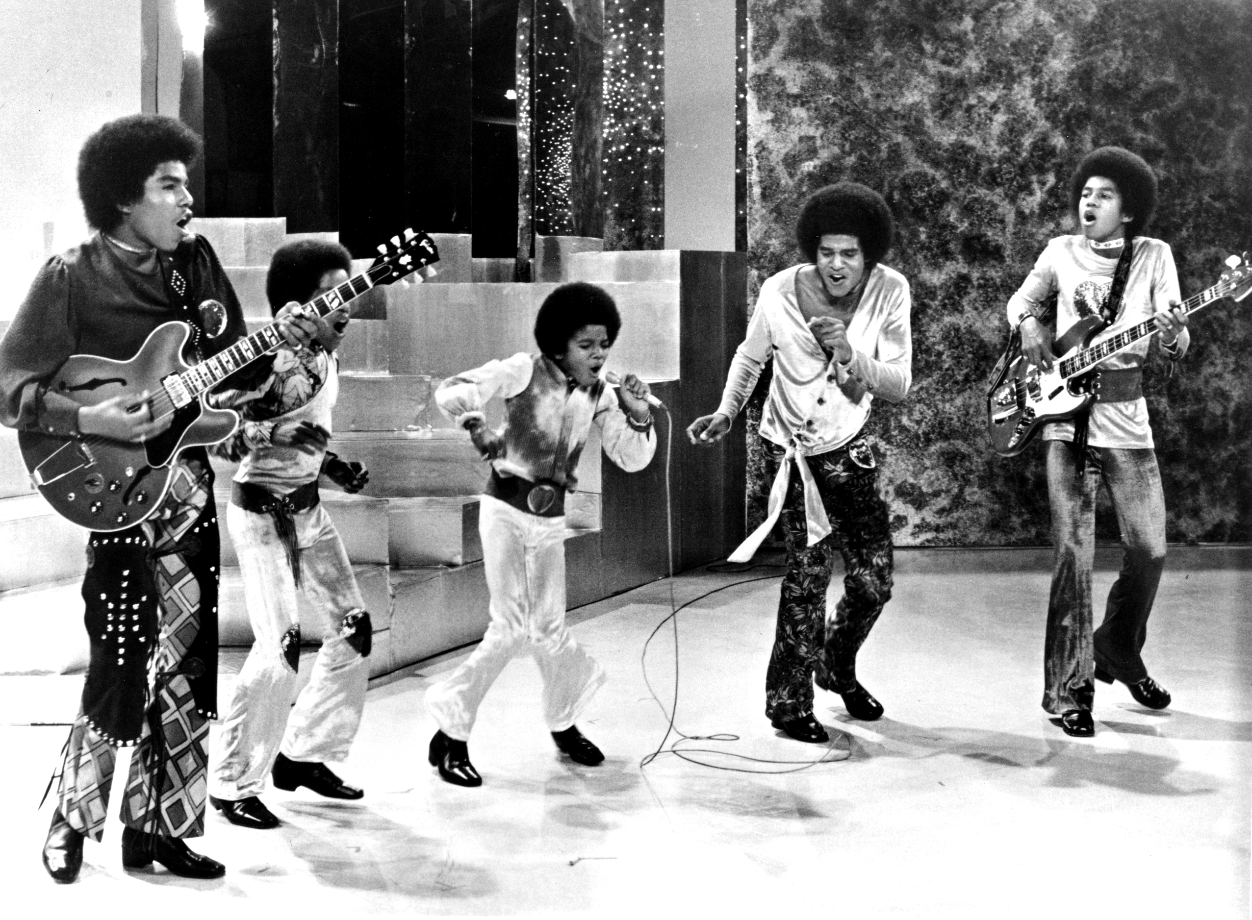 CIRCA 1969: R&B quintet Jackson 5 perform on a TV show in circa 1969. (L-R) Tito Jackson, Marlon Jackson, Michael Jackson,...