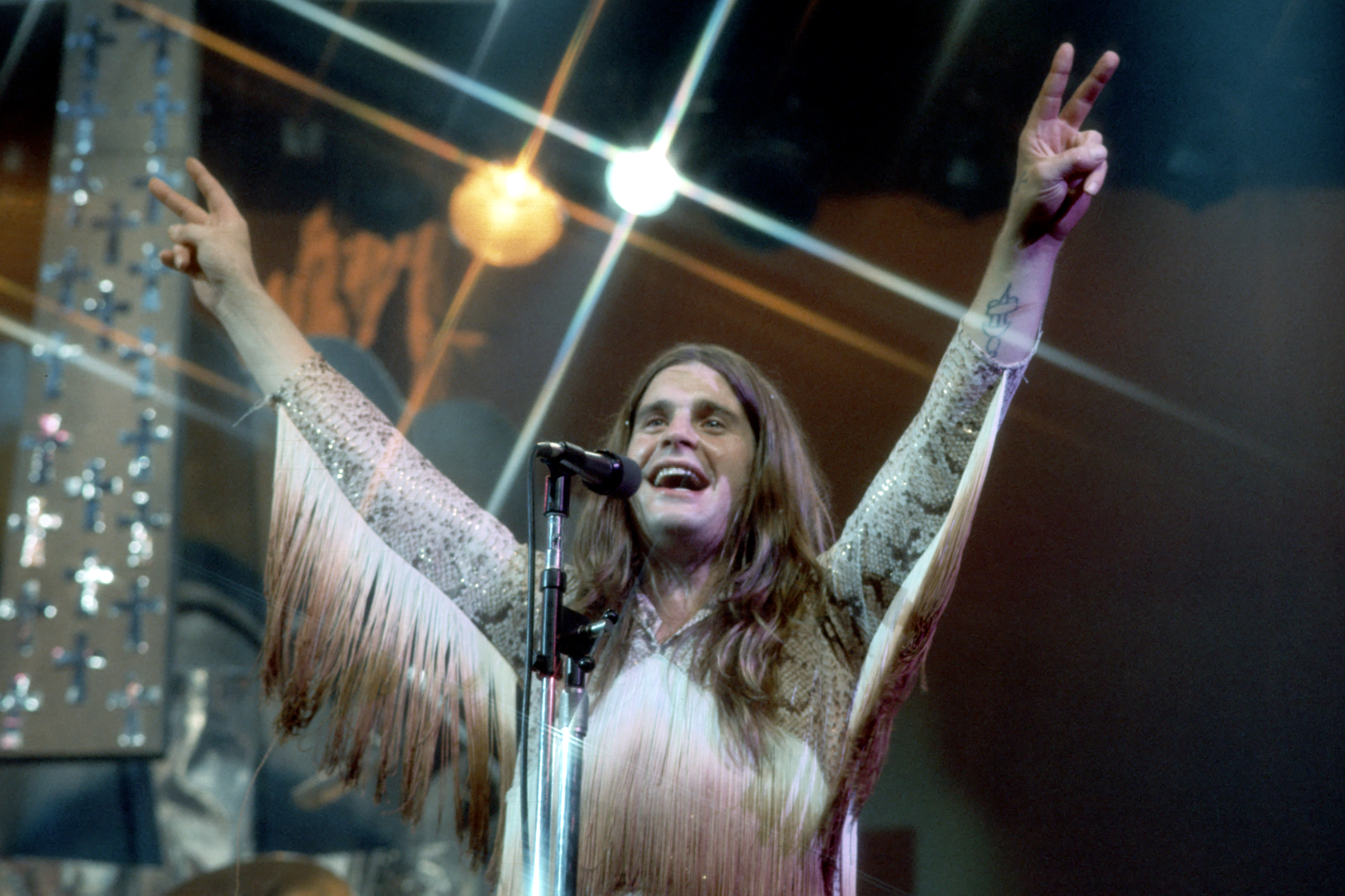 Singer Ozzy Osbourne of the British heavy metal band Black Sabbath performs in 1974 in Los Angeles, California. (Photo by ...