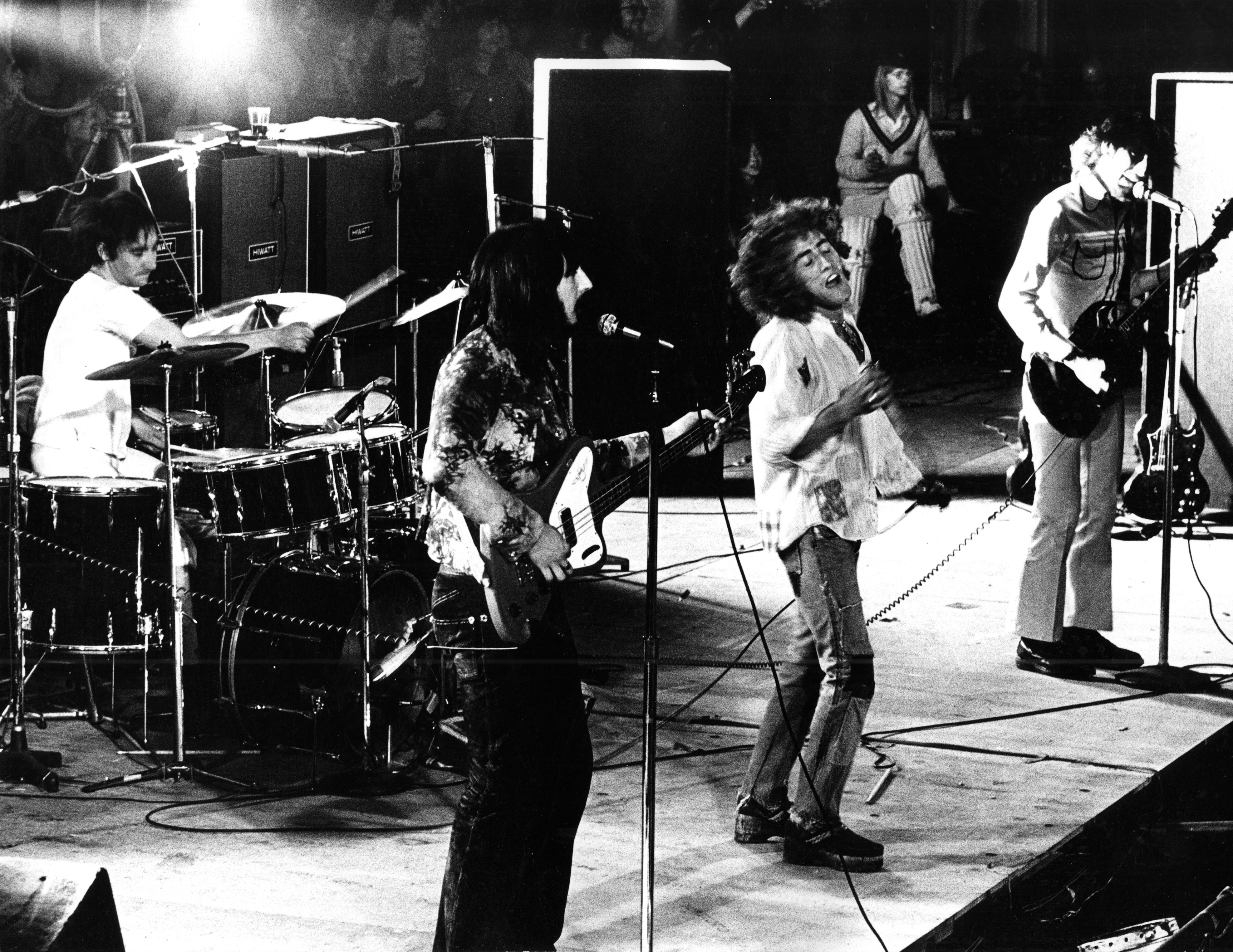 LONDON - SEPTEMBER 18: The Who perform live on stage at Oval Cricket Ground in London on September 18 1971 L-R Keith Moon,...