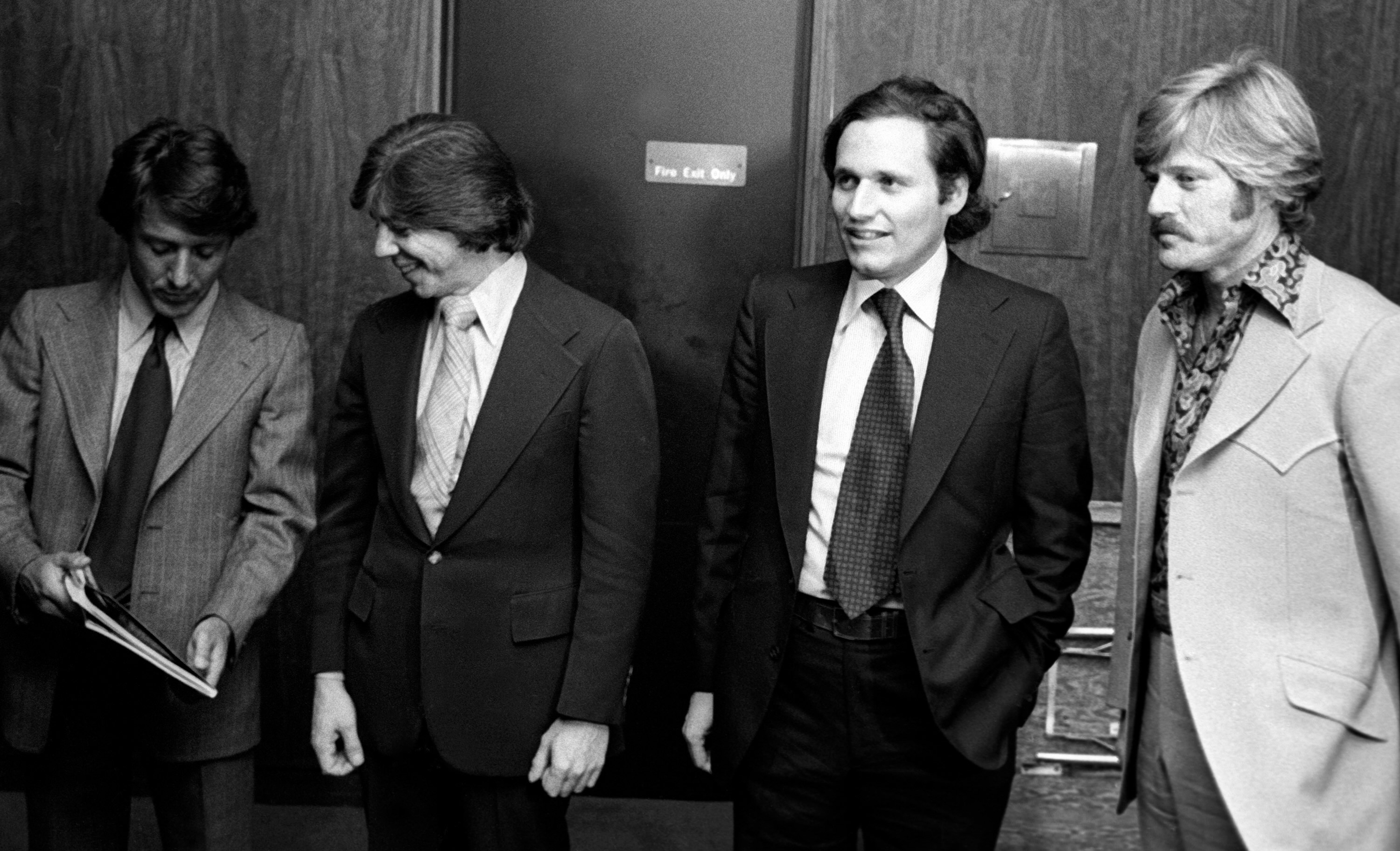 From left, actor Dustin Hoffman, journalists Carl Bernstein and Bob Woodward, and actor Robert Redford attend the premiere...