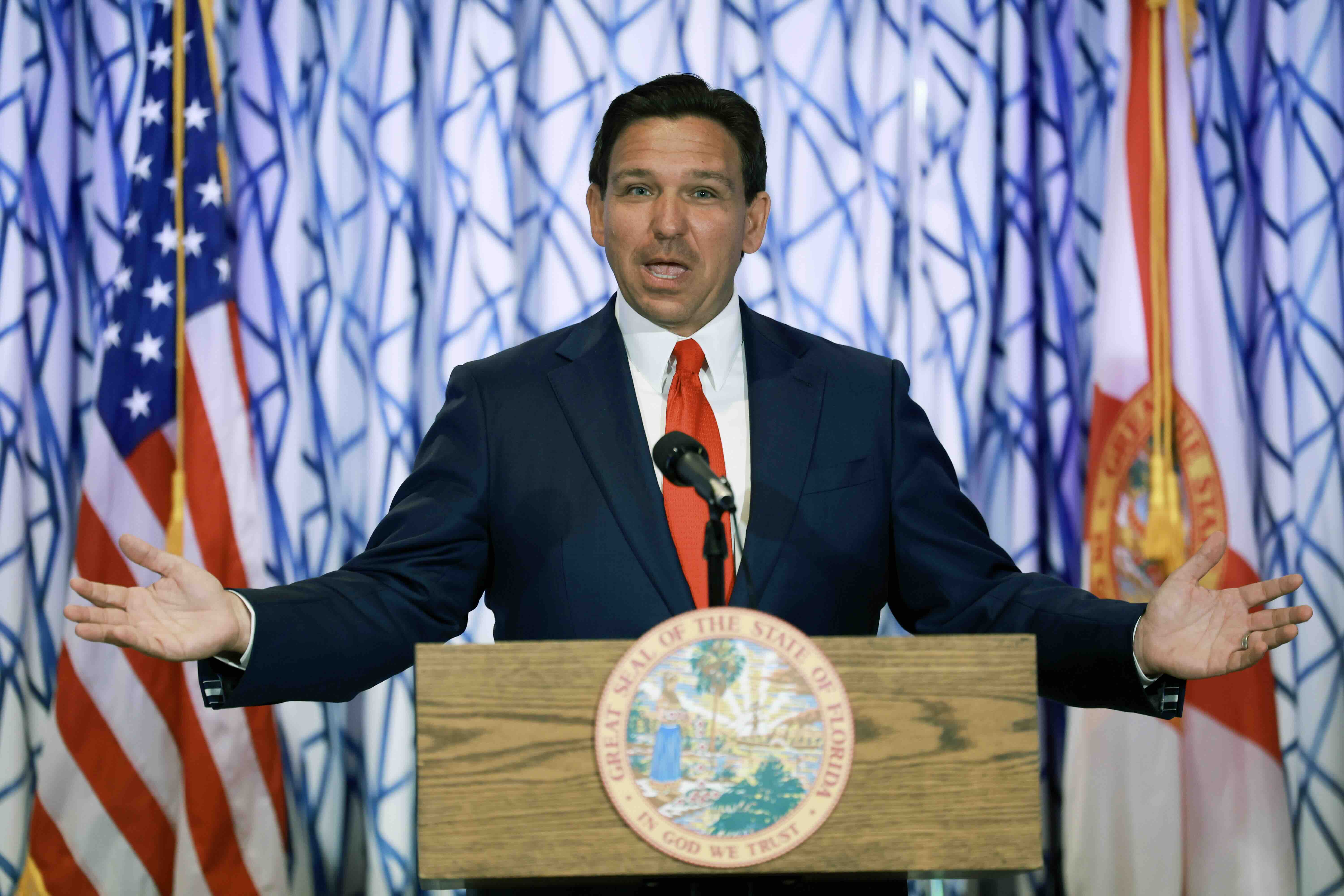 MIAMI BEACH, FLORIDA - MARCH 20: Florida Gov. Ron DeSantis speaks during a news conference held at the Santorini by Georgi...