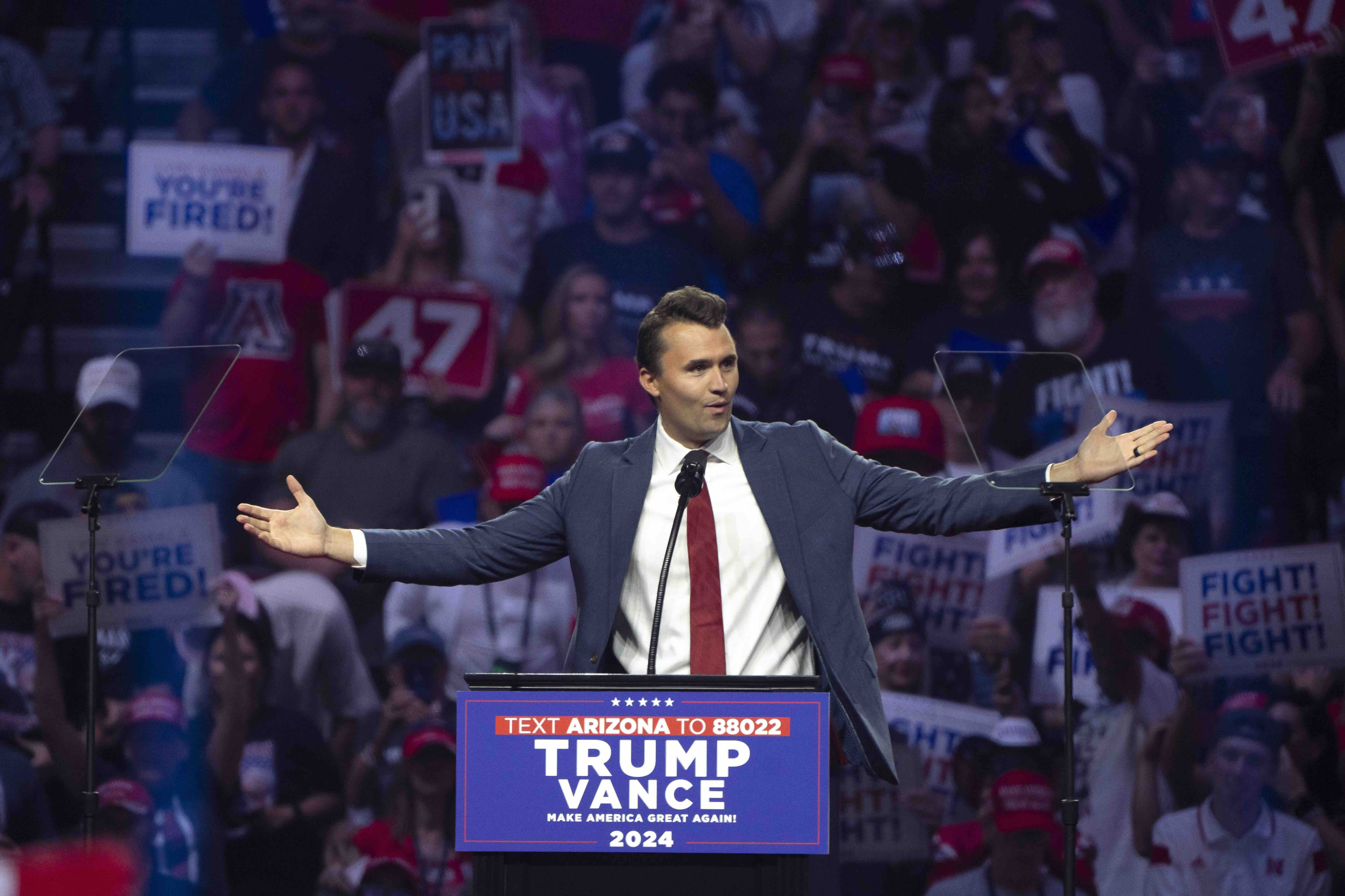 GLENDALE, ARIZONA - AUGUST 23: Turning Point USA Founder Charlie Kirk speaks during a campaign rally for Republican presid...