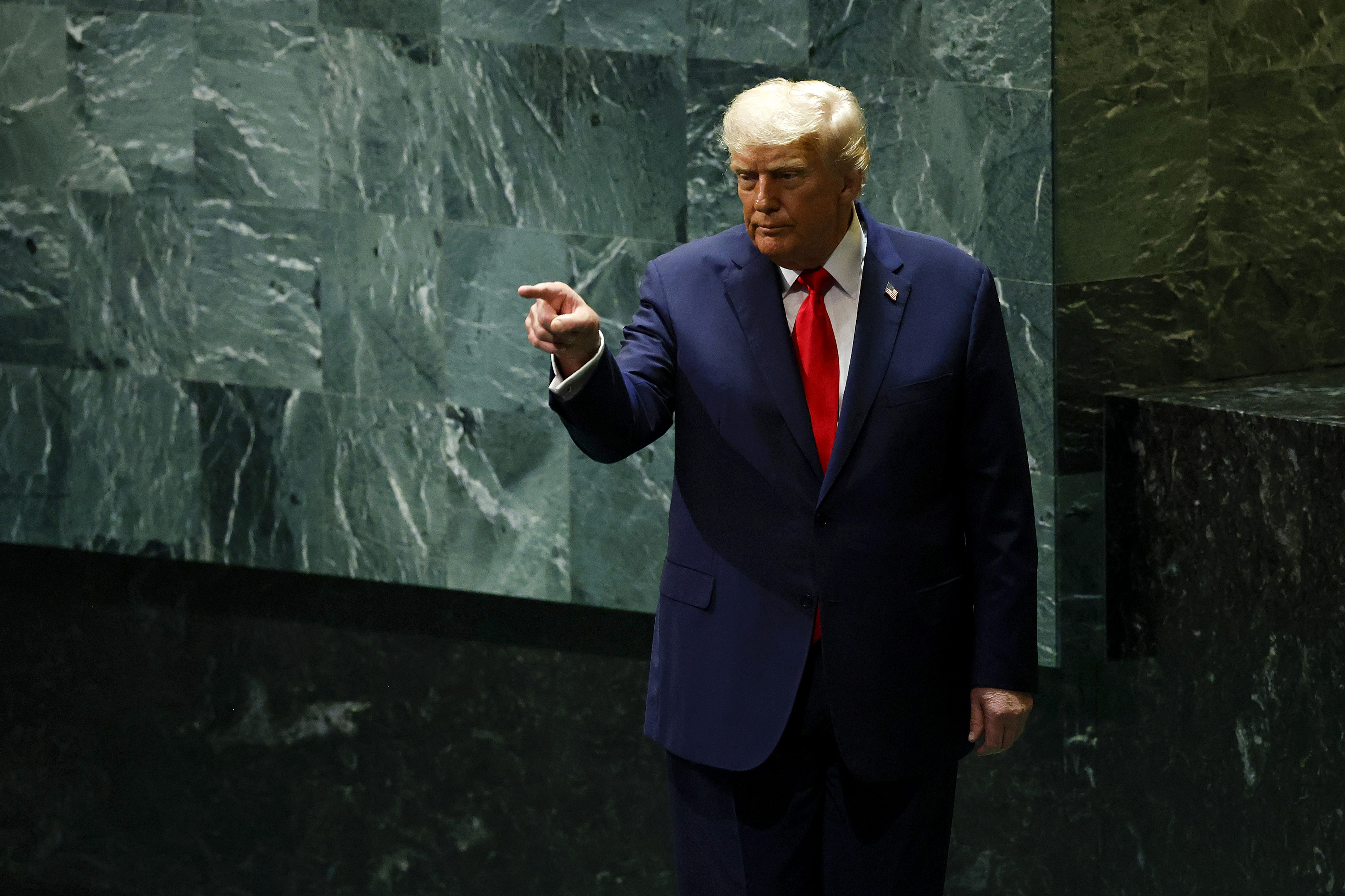 NEW YORK, NEW YORK - SEPTEMBER 23: U.S. President Donald Trump departs after speaking during the 80th session of the UN’...