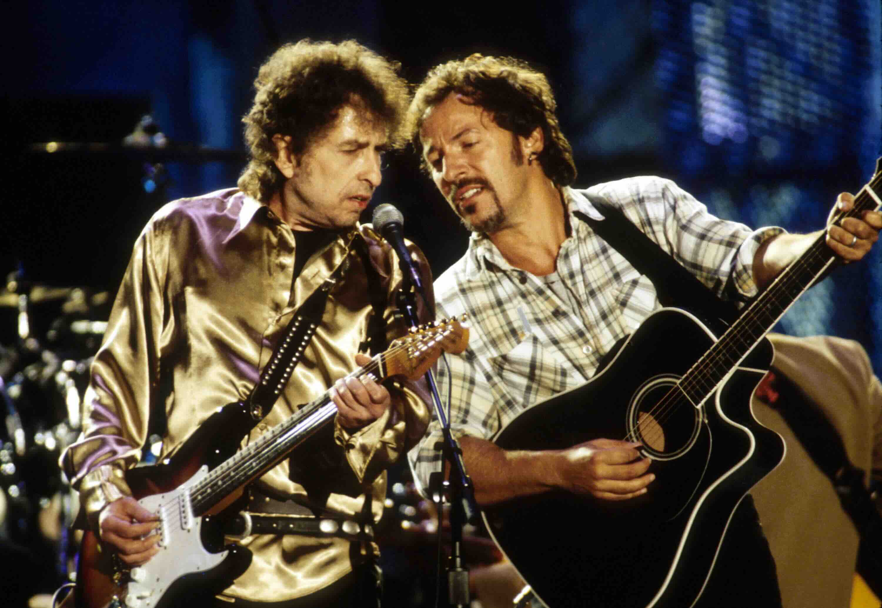 Bob Dylan and Bruce Springsteen perform "Forever Young" at the Concert for the Rock & Roll Hall of Fame in 1995. (Photo by...