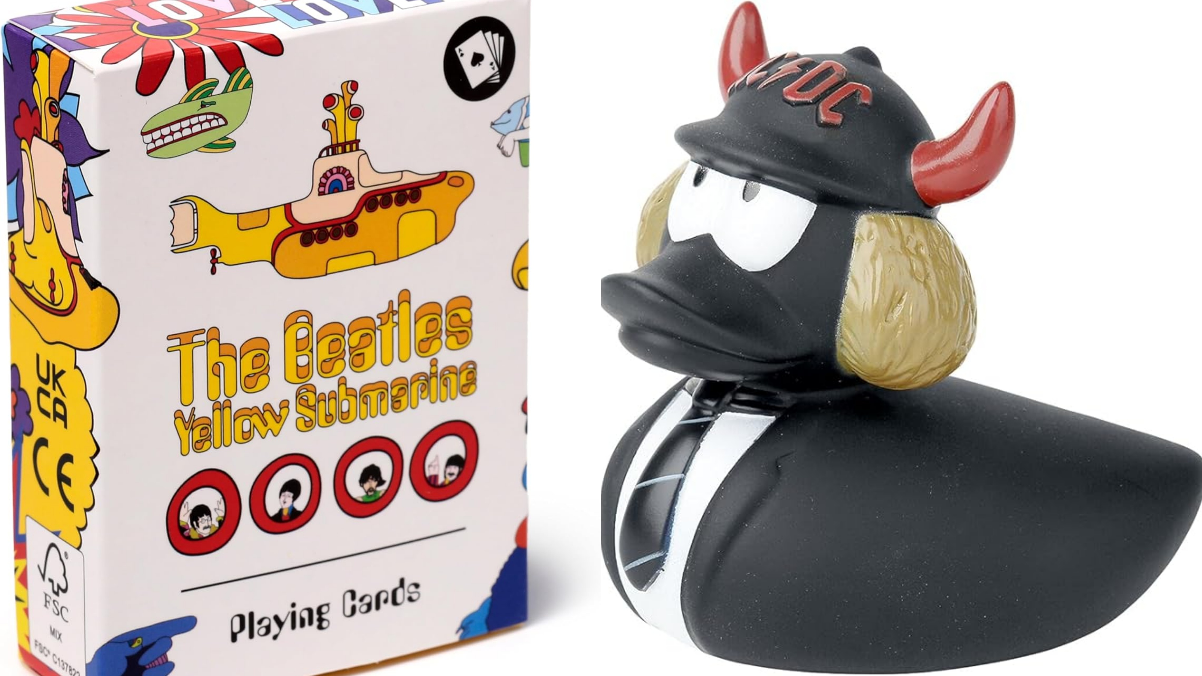 Merchandising für ROLLING-STONE-Leser: Beatles-Kartenspiel und ACDC-Quietscheente