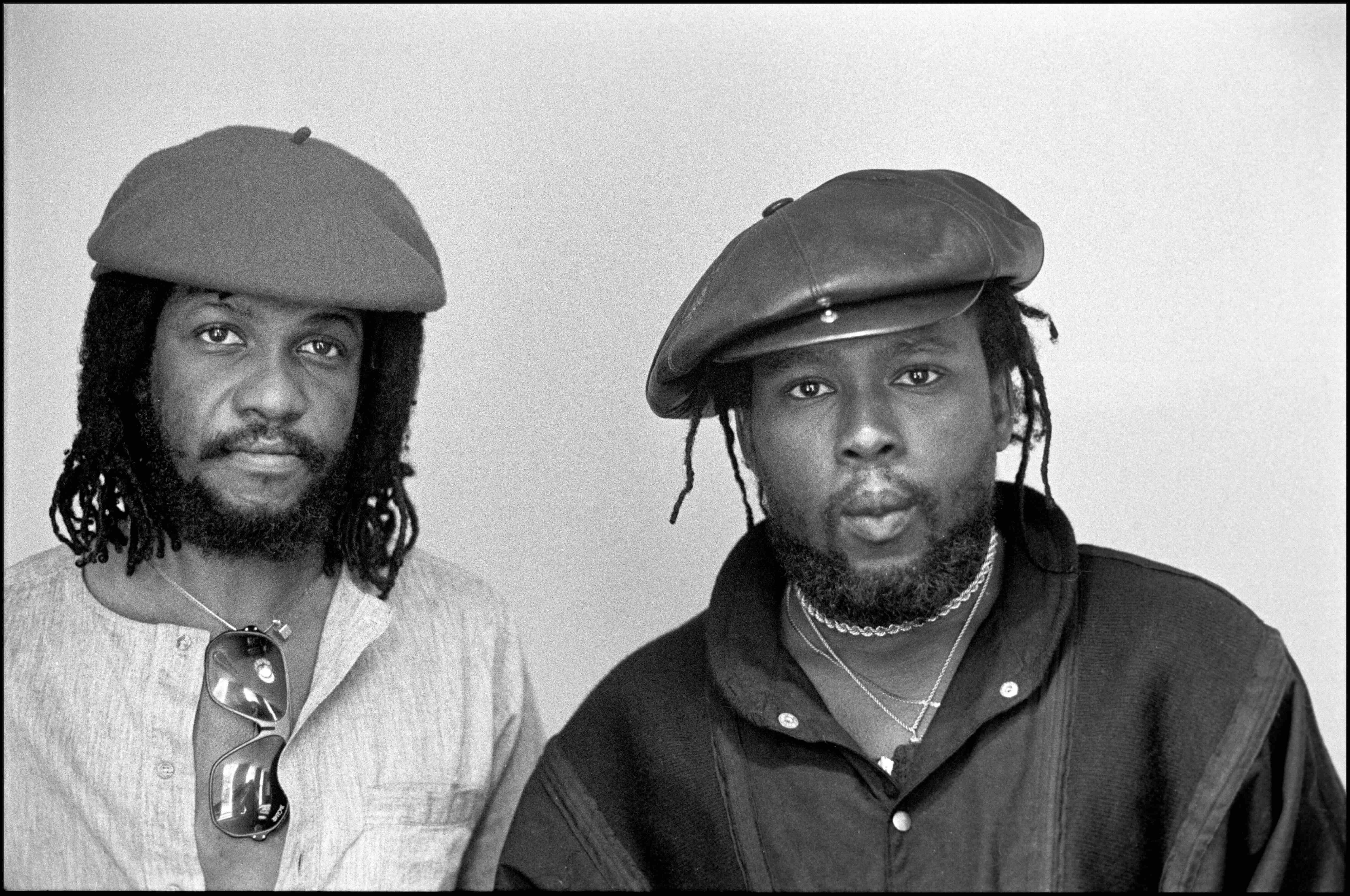 Sly Dunbar (l) & Robbie Shakespeare (r) at Kensington Park Square apartment, London, UK on 9 July 1984