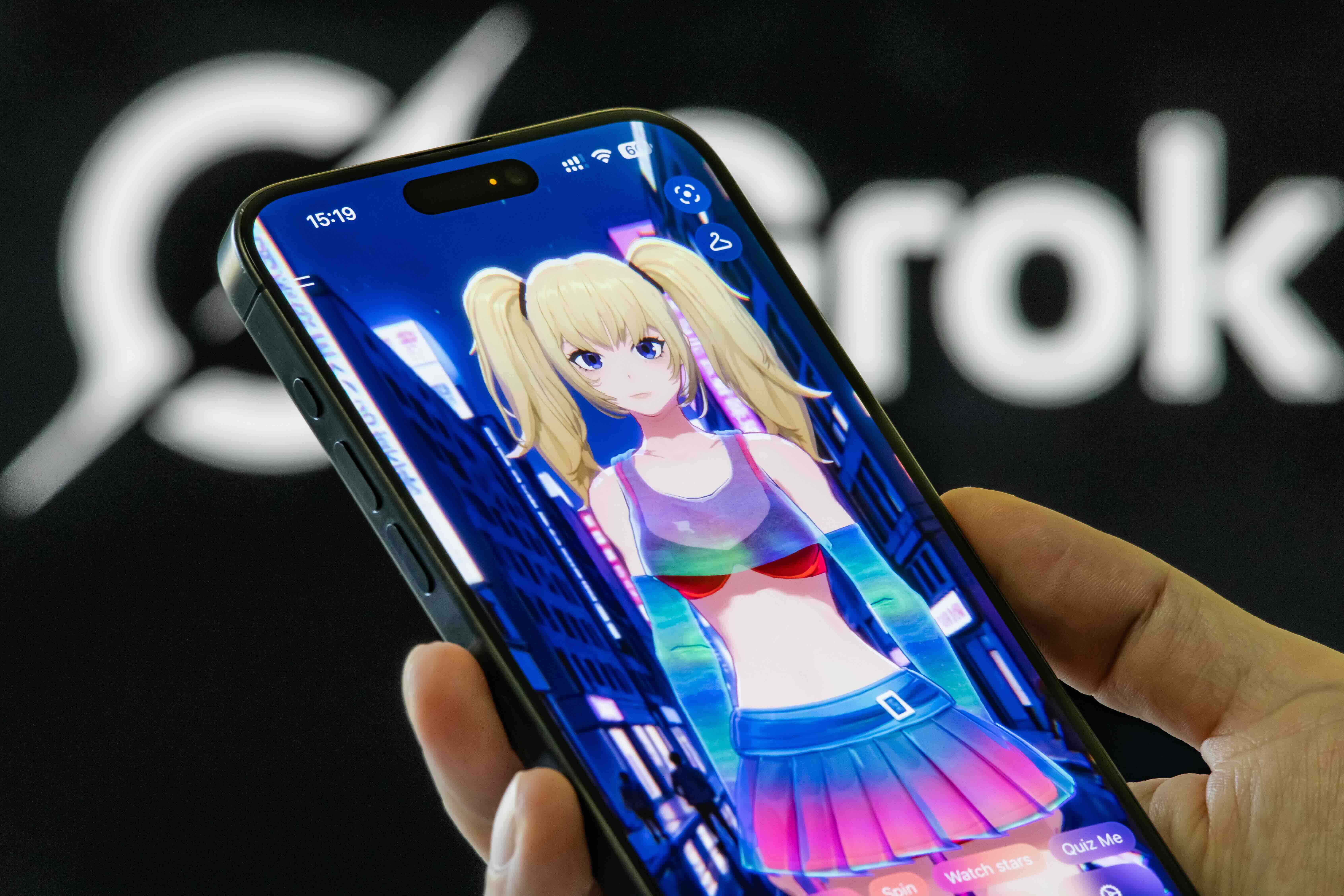 CHONGQING, CHINA - AUGUST 20: In this photo illustration, a smartphone shows the Grok app with the virtual character Ani w...