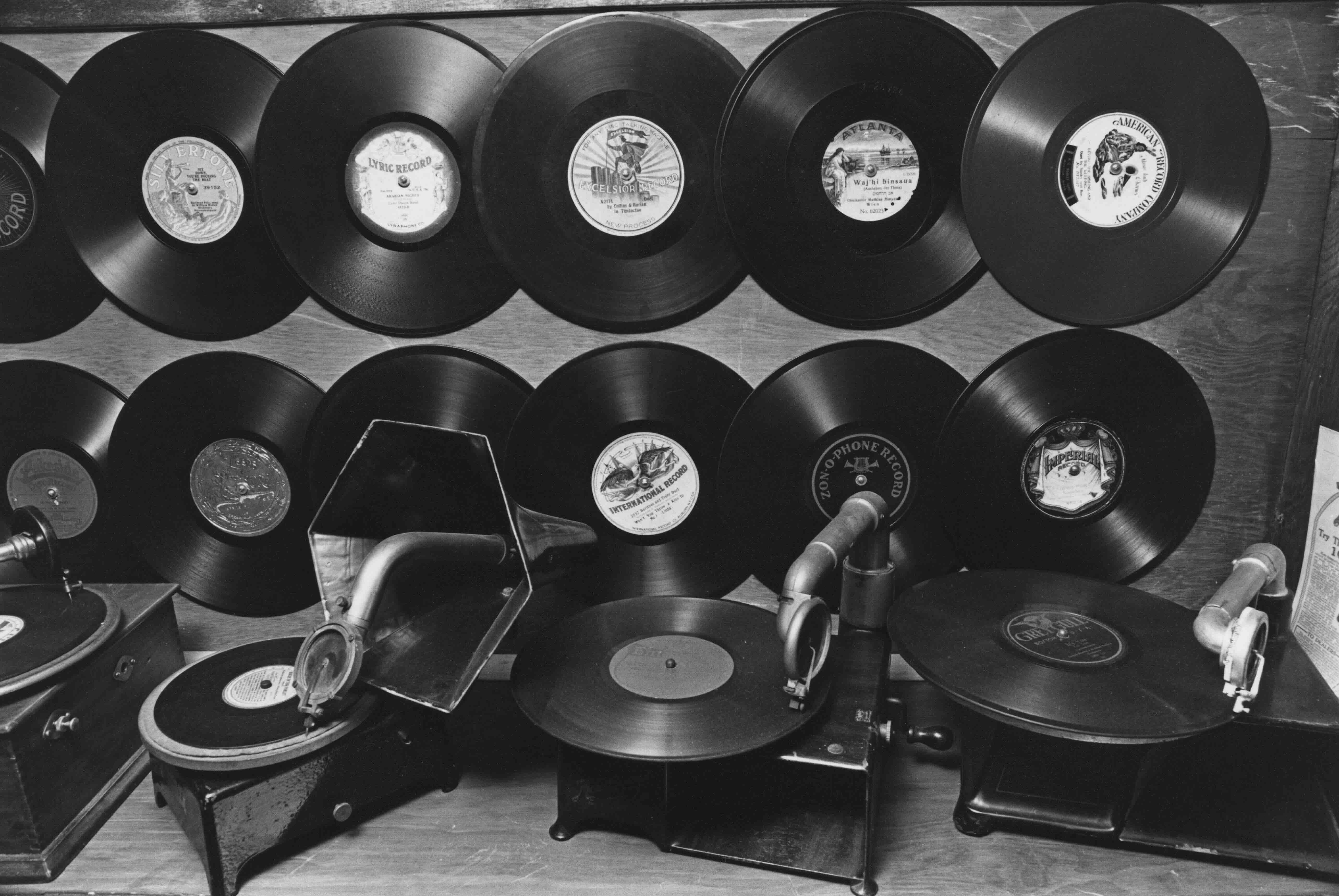 Gramophone records and players on display at the Old Sound Museum, Dennis, Massachusetts, USA, 31st October 1978. (Photo b...