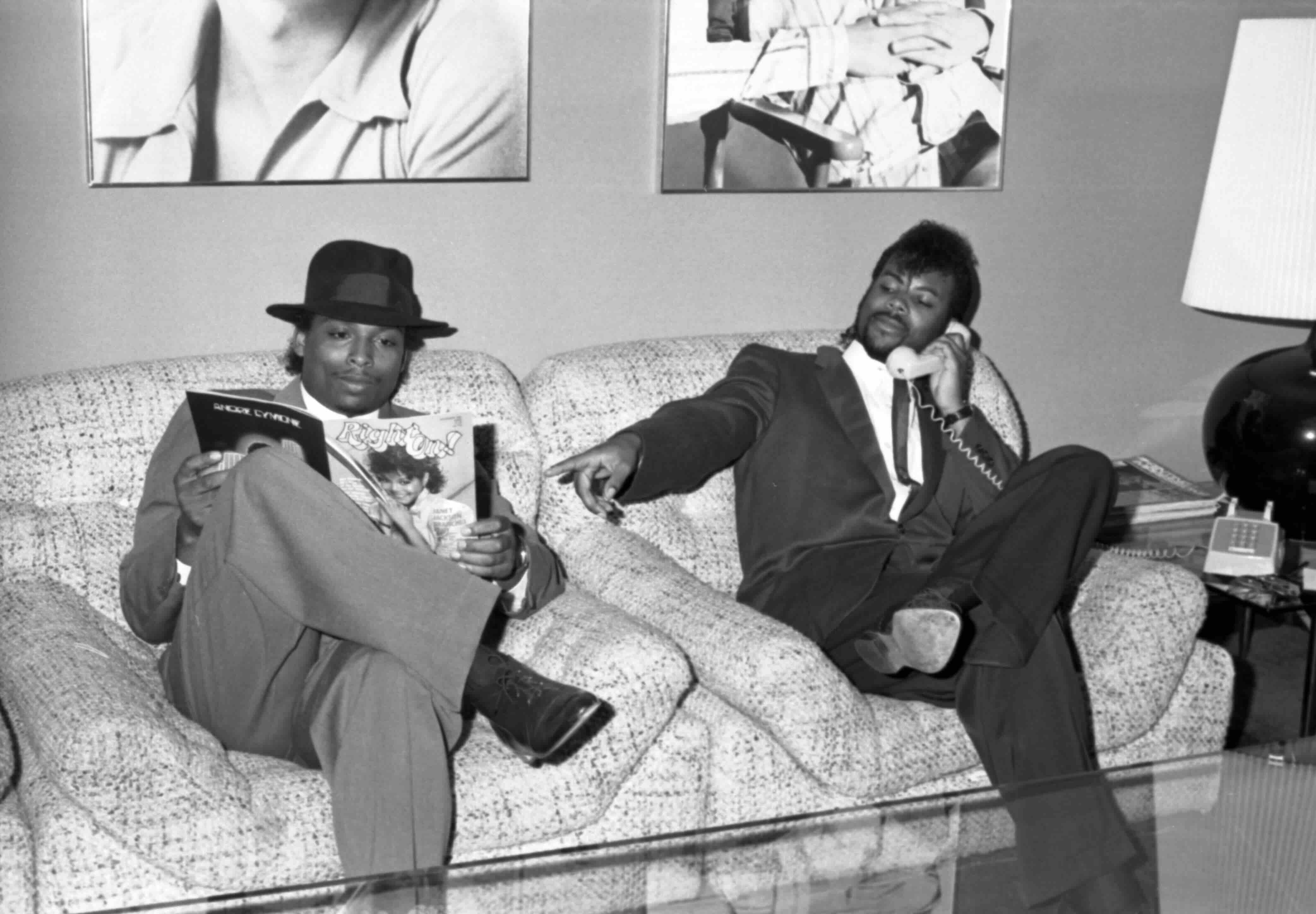 Musicians Jimmy Jam and Terry Lewis of the rock band "Morris Day and the Time"visit the "Right On!" Magazine office on Sep...