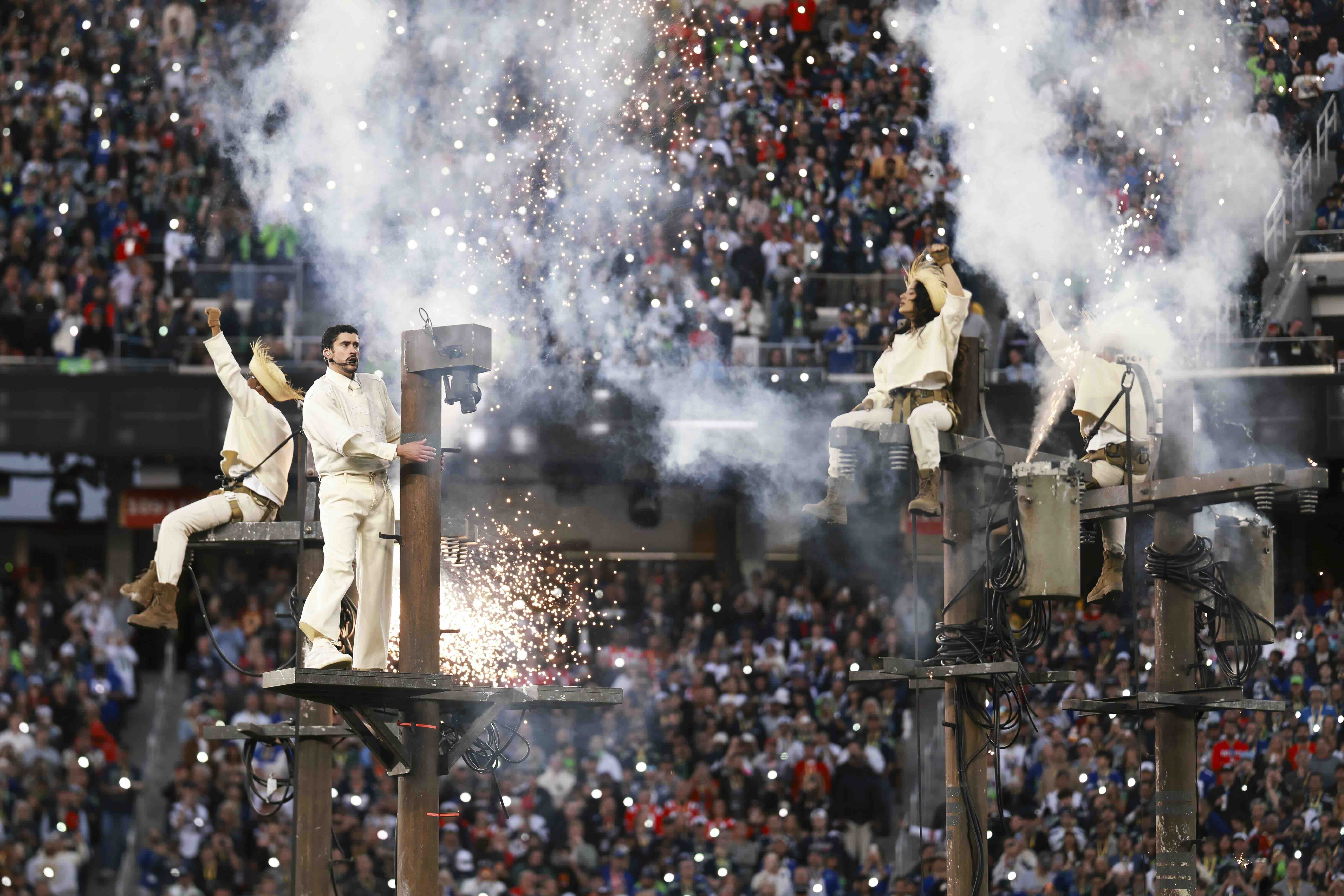 Bad Bunny performs during halftime of the NFL Super Bowl 60 football game between the New England Patriots and the Seattle...